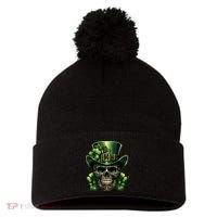 Sugar Skull St Patrick Day Of The Dead Lucky Shamrock Pom Pom 12in Knit Beanie thumb 0