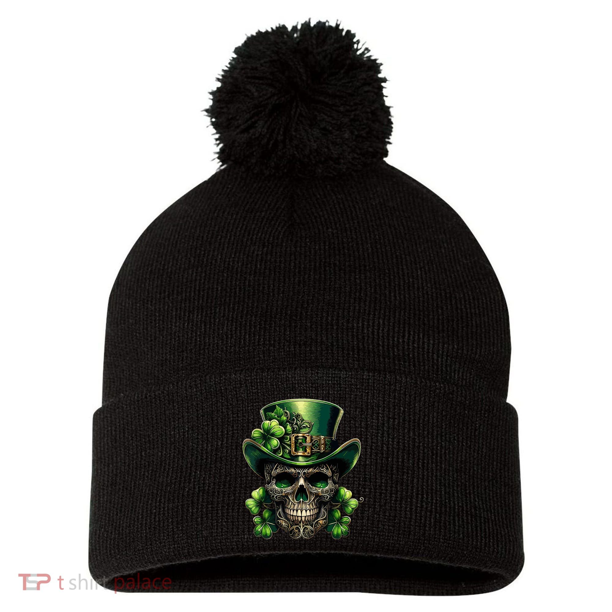 Sugar Skull St Patrick Day Of The Dead Lucky Shamrock Pom Pom 12in Knit Beanie
