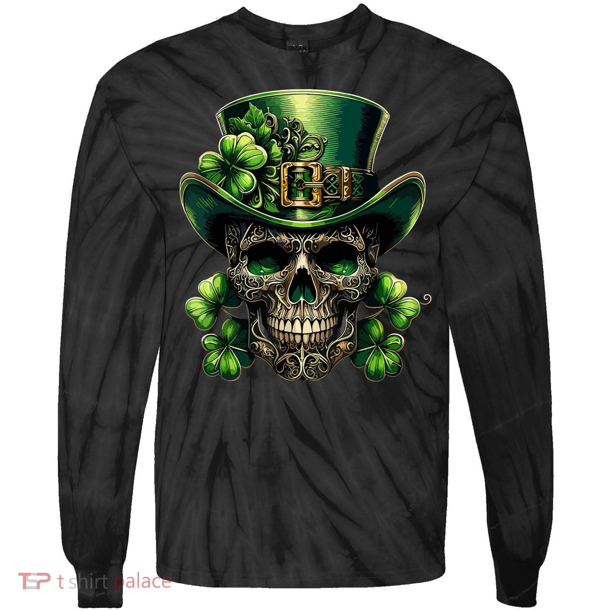 Sugar Skull St Patrick Day Of The Dead Lucky Shamrock Tie-Dye Long Sleeve Shirt