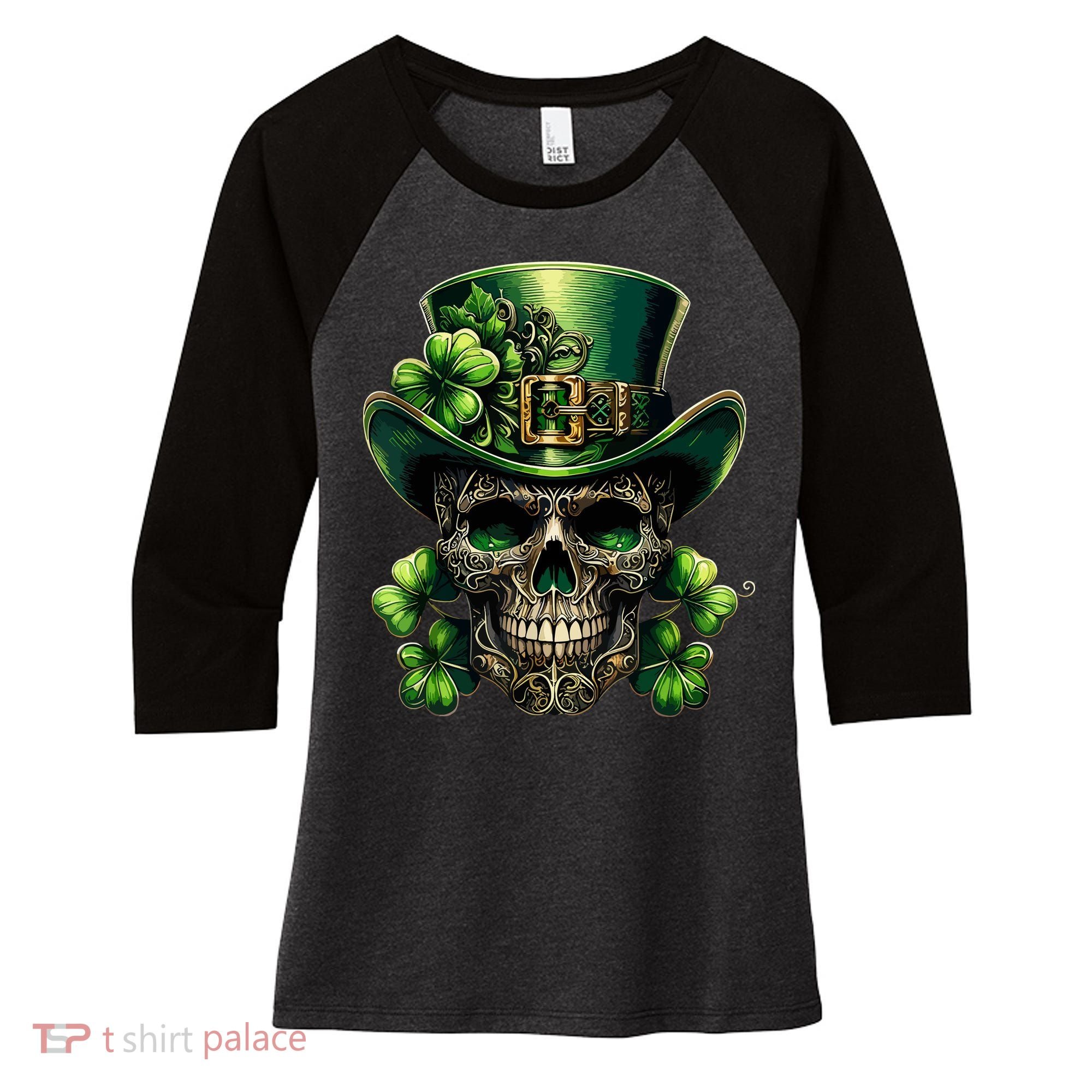 Sugar Skull St Patrick Day Of The Dead Lucky Shamrock Women's Tri-Blend 3/4-Sleeve Raglan Shirt