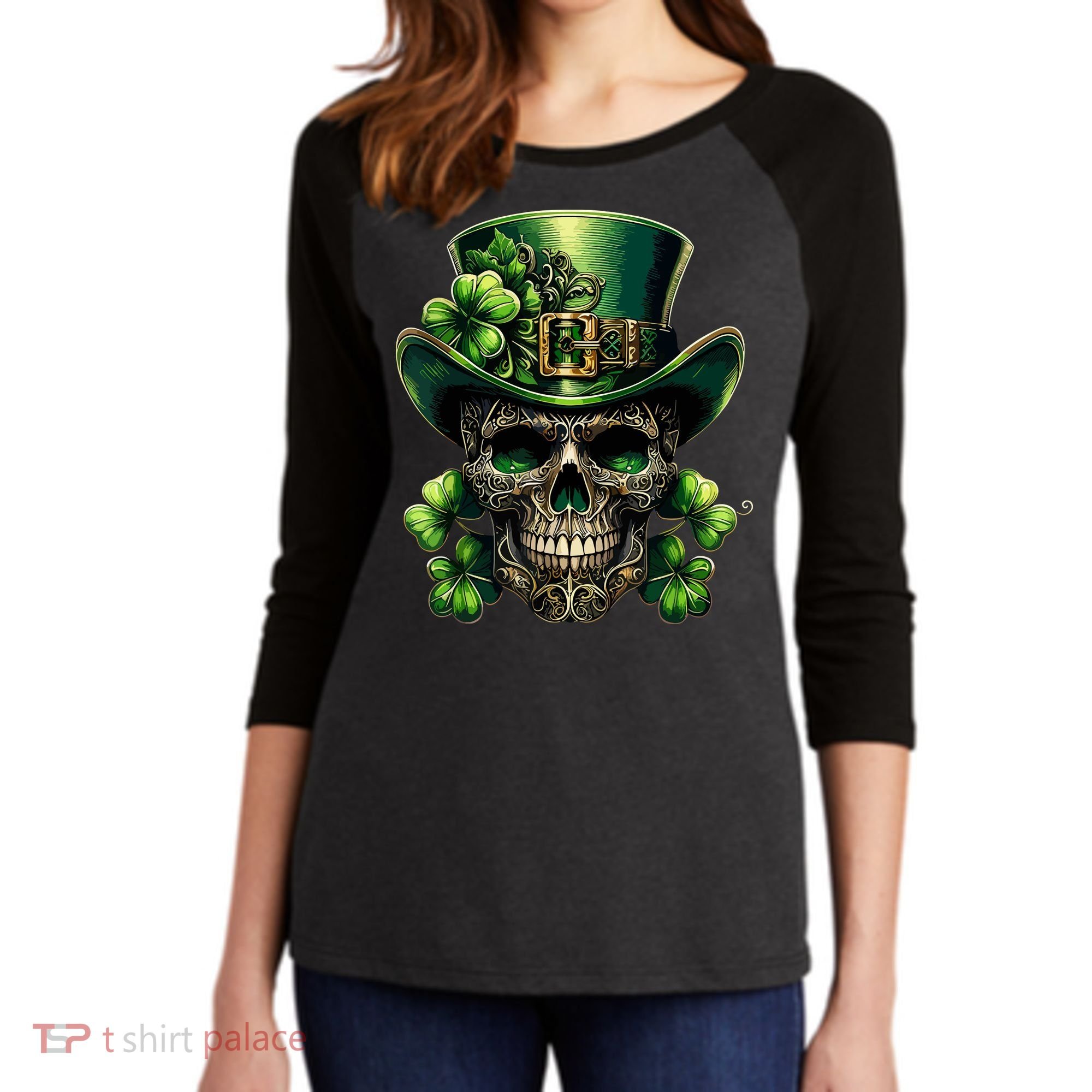 Sugar Skull St Patrick Day Of The Dead Lucky Shamrock Women's Tri-Blend 3/4-Sleeve Raglan Shirt