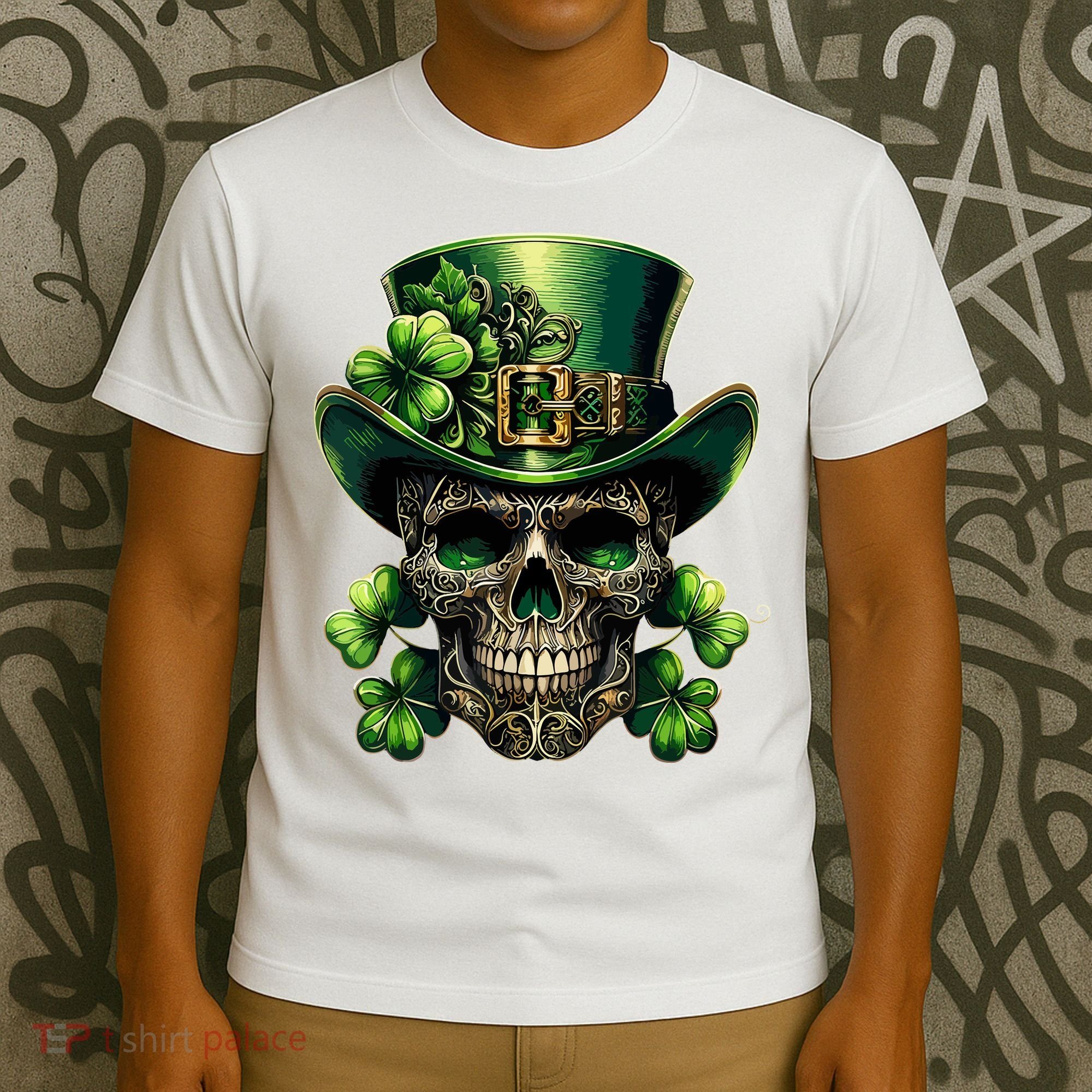 Sugar Skull St Patrick Day Of The Dead Lucky Shamrock T-Shirt