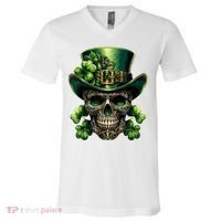 Sugar Skull St Patrick Day Of The Dead Lucky Shamrock V-Neck T-Shirt thumb 0