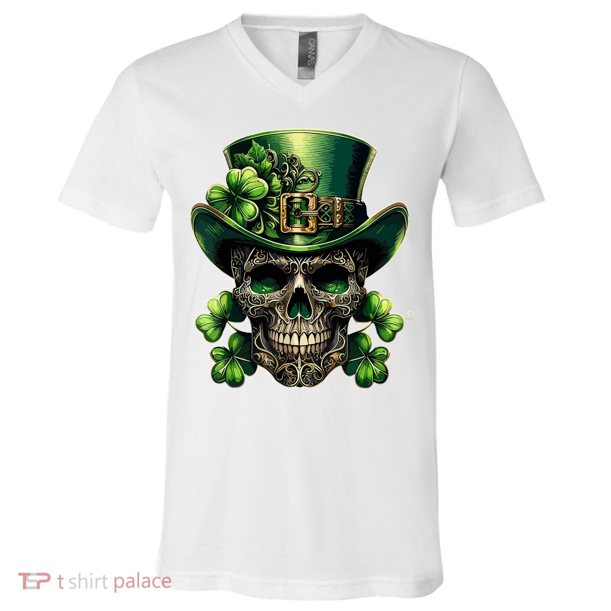 Sugar Skull St Patrick Day Of The Dead Lucky Shamrock V-Neck T-Shirt