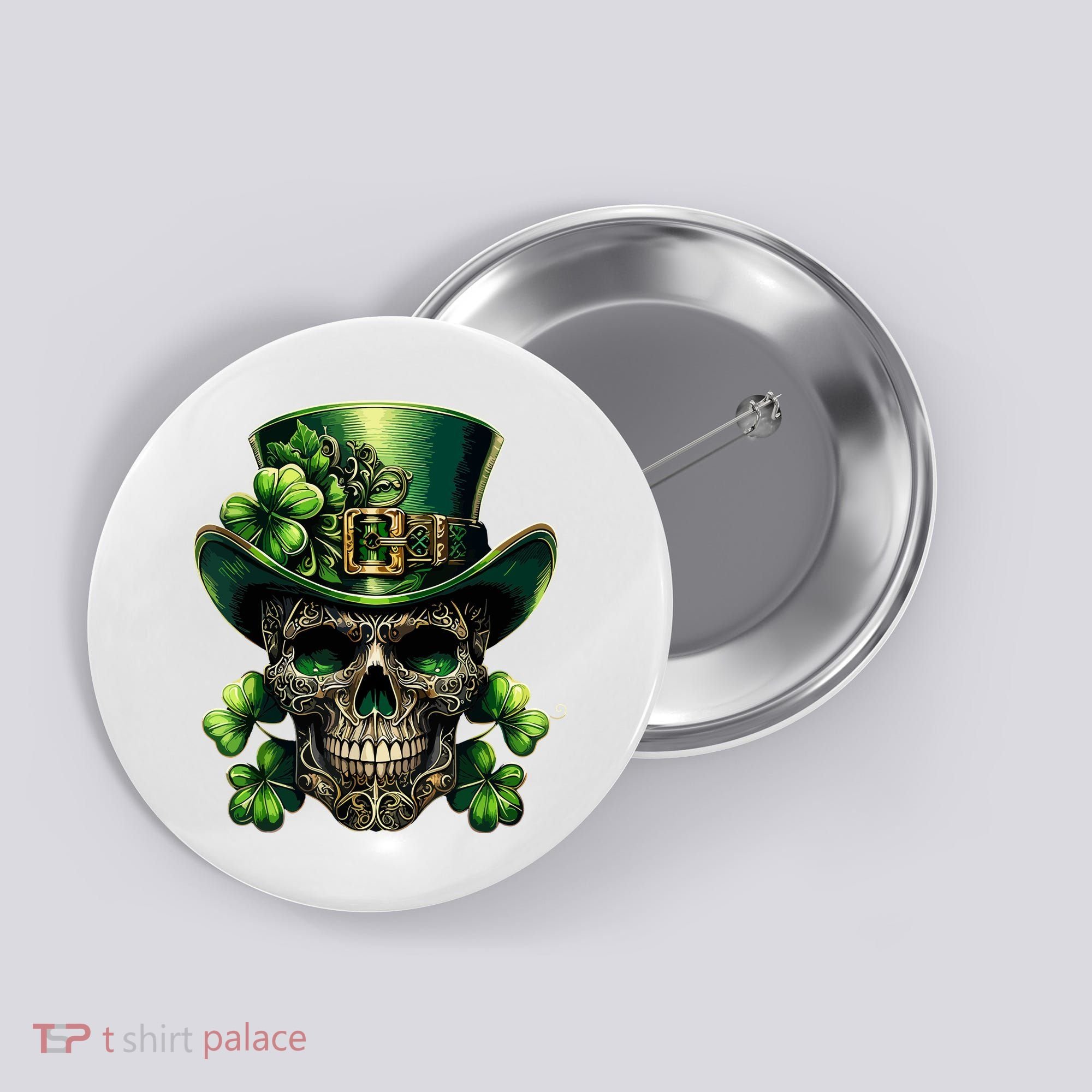 Sugar Skull St Patrick Day Of The Dead Lucky Shamrock Button