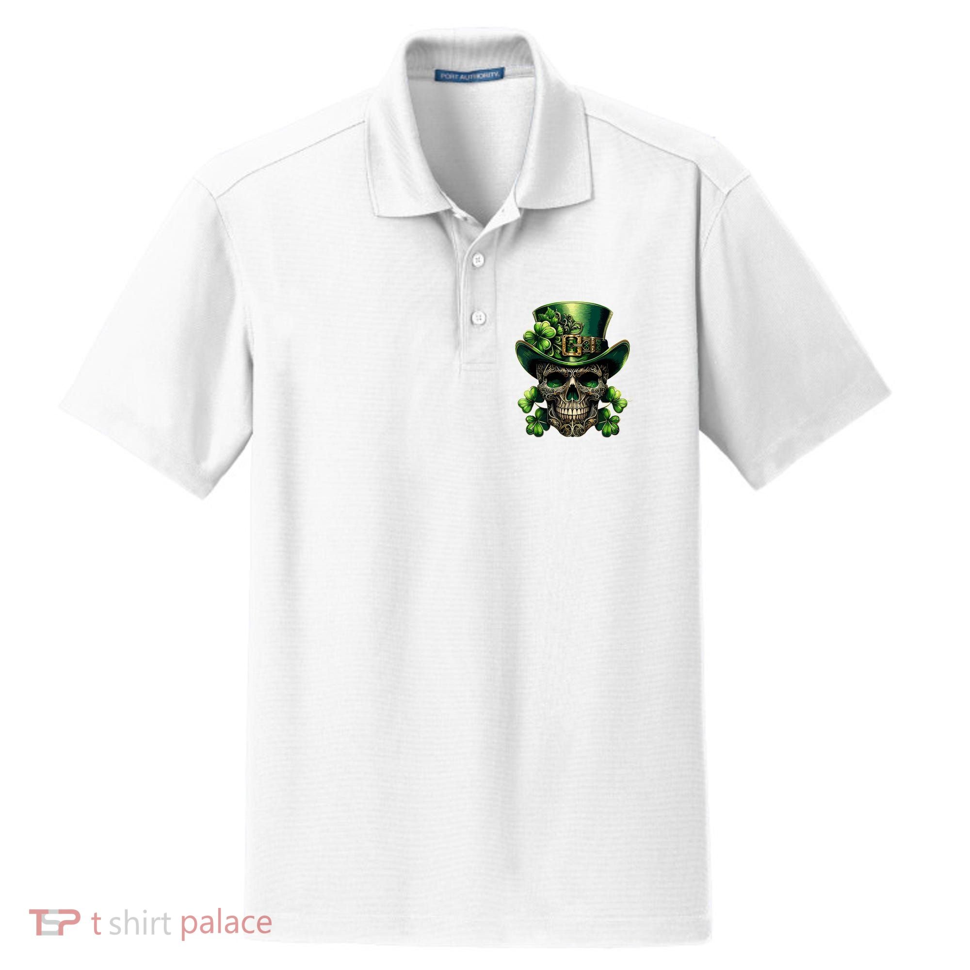Sugar Skull St Patrick Day Of The Dead Lucky Shamrock Dry Zone Grid Polo