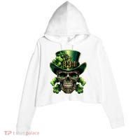 Sugar Skull St Patrick Day Of The Dead Lucky Shamrock Crop Fleece Hoodie thumb 0