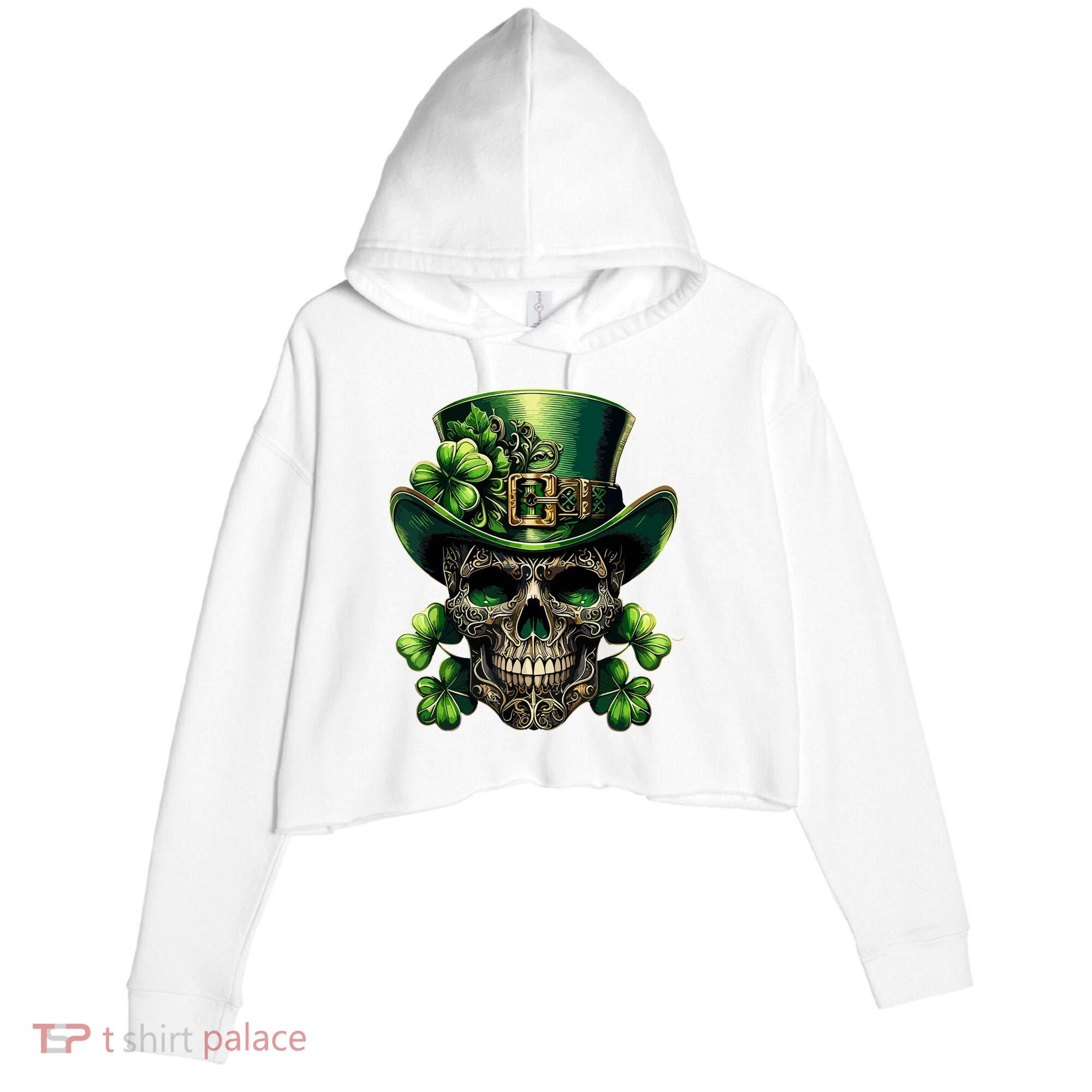 Sugar Skull St Patrick Day Of The Dead Lucky Shamrock Crop Fleece Hoodie