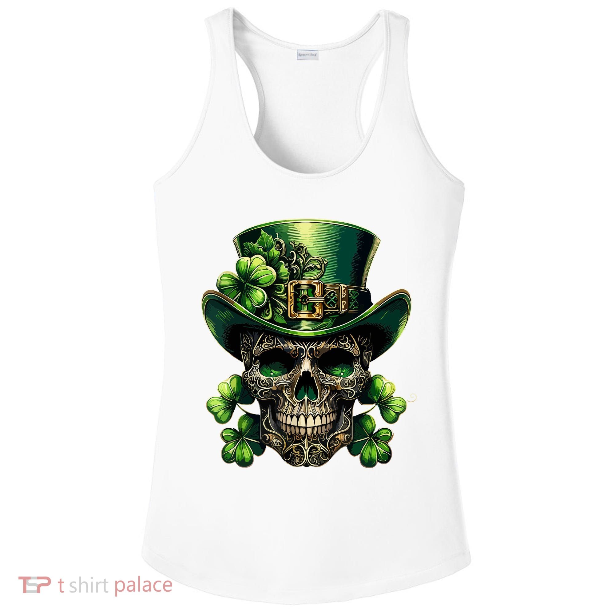 Sugar Skull St Patrick Day Of The Dead Lucky Shamrock Ladies PosiCharge Competitor Racerback Tank