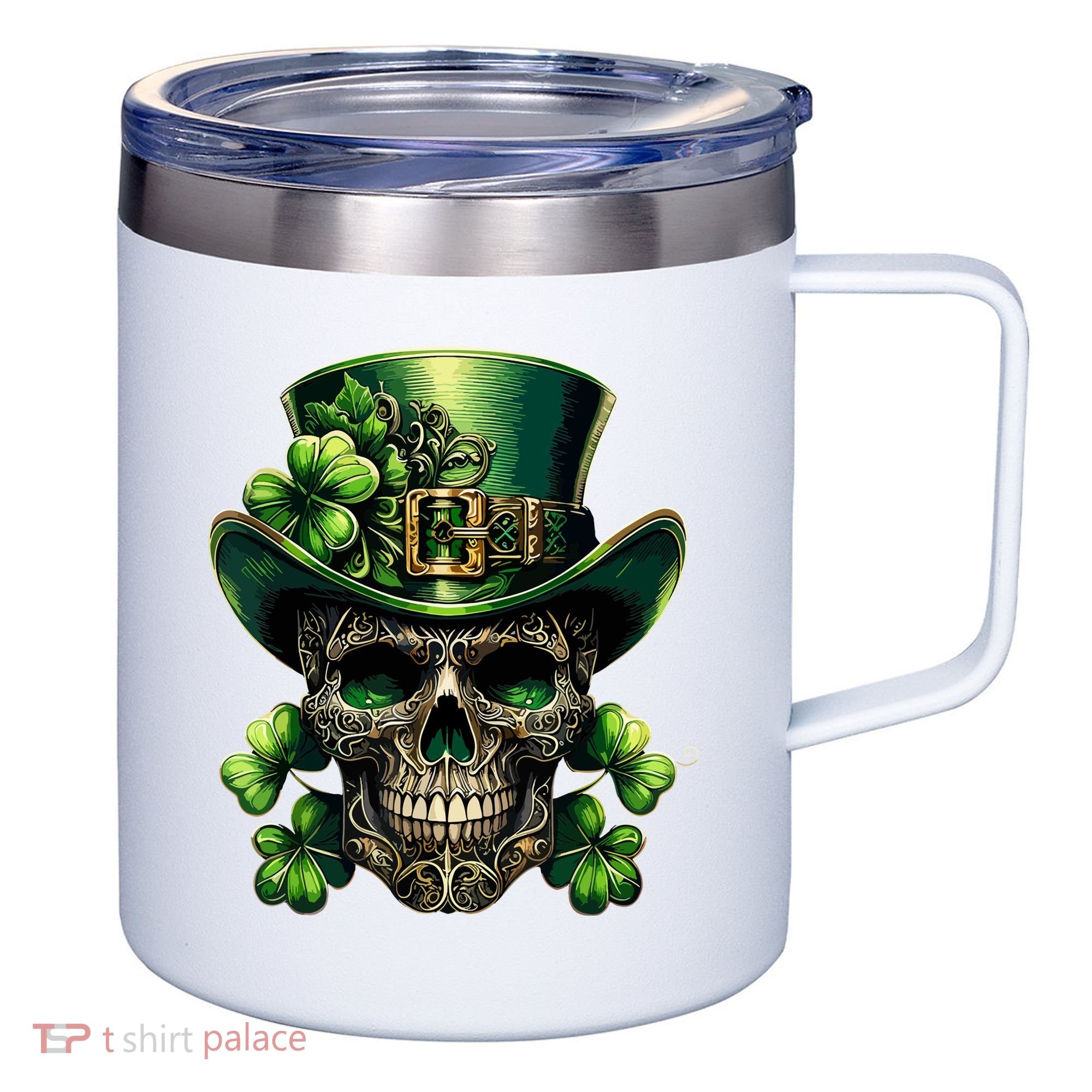Sugar Skull St Patrick Day Of The Dead Lucky Shamrock 12oz Stainless Steel Coffee Mug