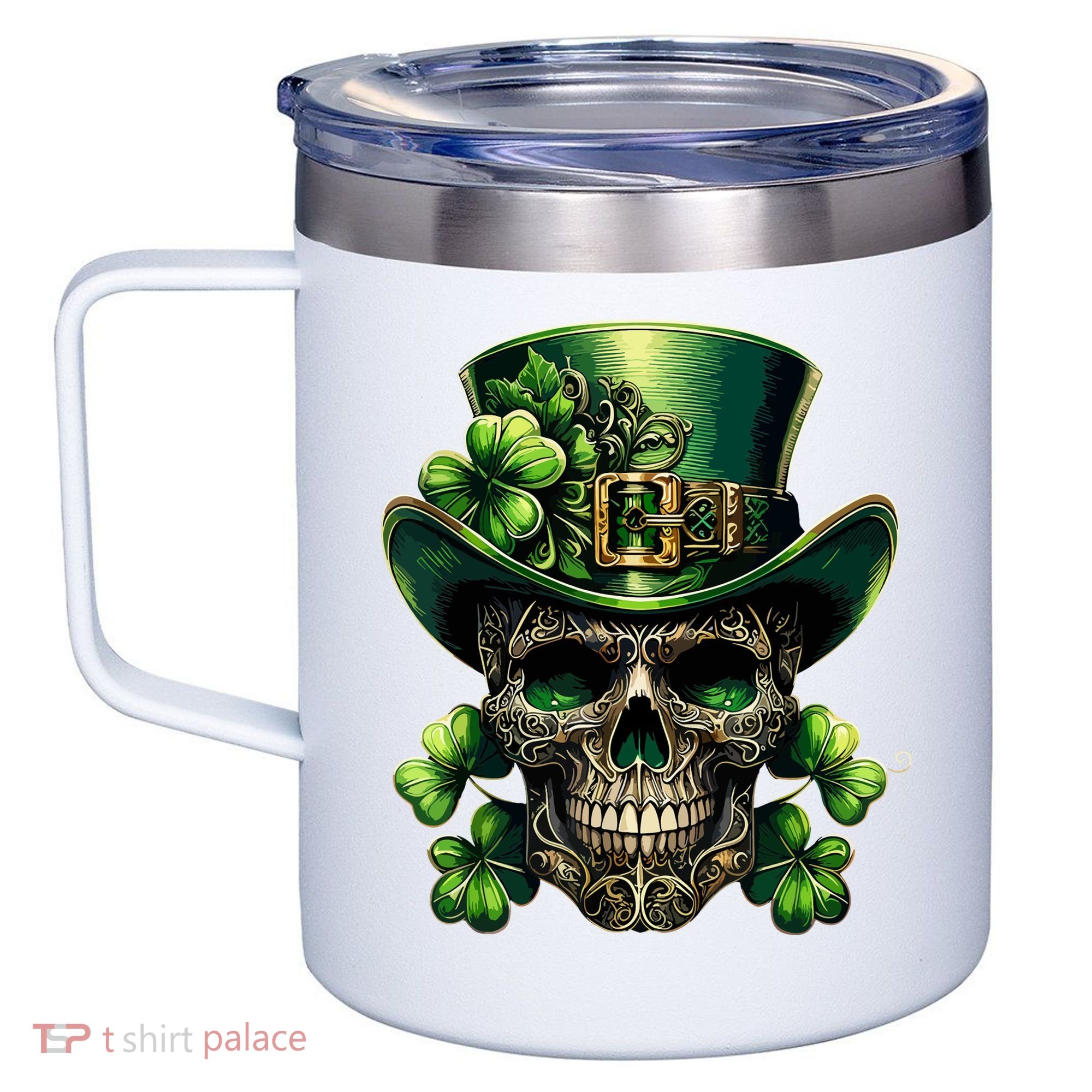 Sugar Skull St Patrick Day Of The Dead Lucky Shamrock 12oz Stainless Steel Coffee Mug