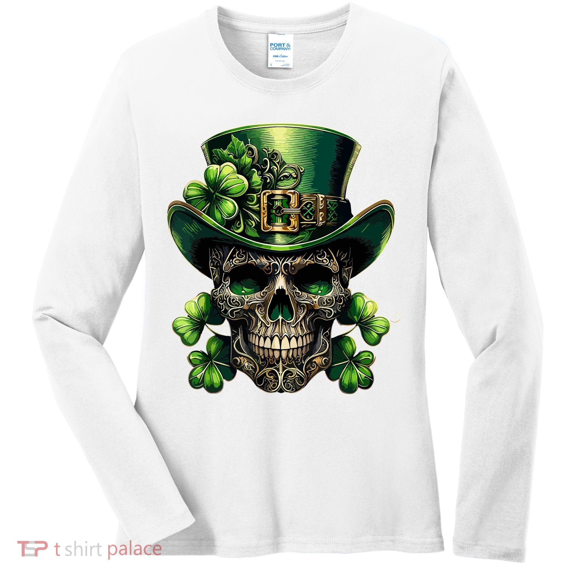 Sugar Skull St Patrick Day Of The Dead Lucky Shamrock Women's Long Sleeve Shirt