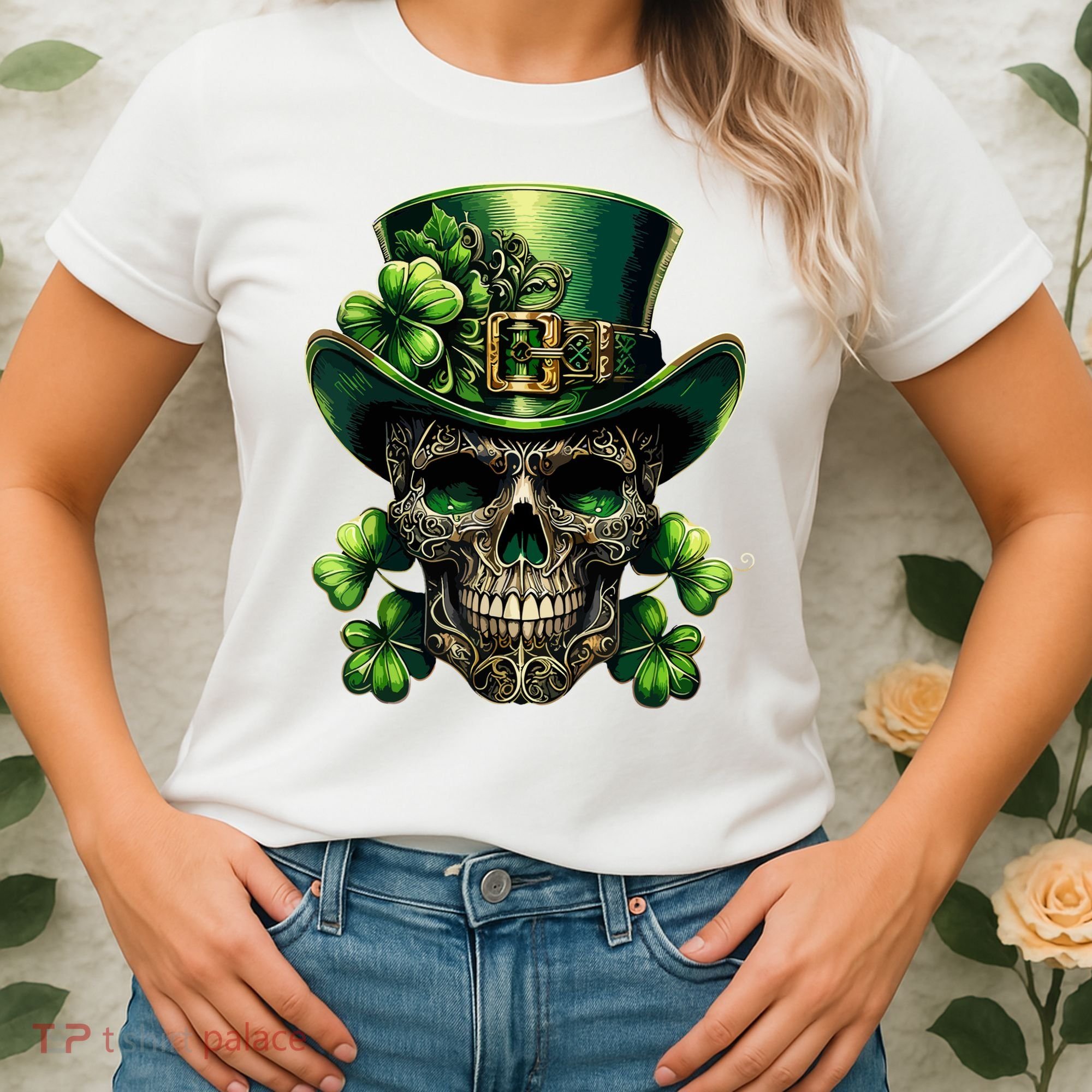 Sugar Skull St Patrick Day Of The Dead Lucky Shamrock Women's T-Shirt