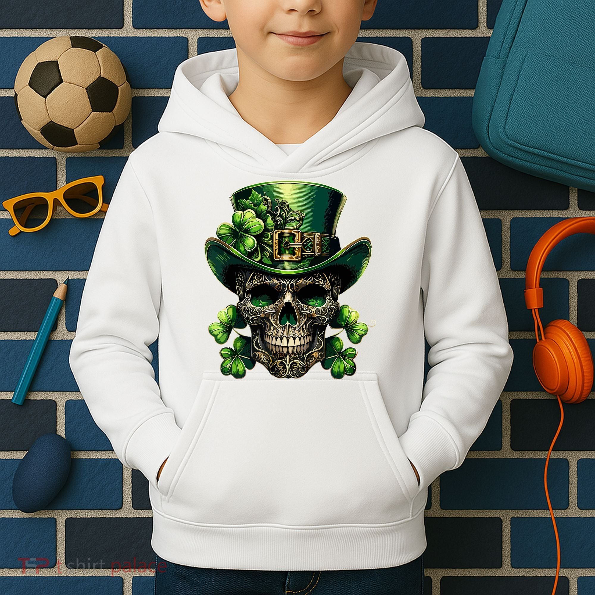 Sugar Skull St Patrick Day Of The Dead Lucky Shamrock Kids Hoodie