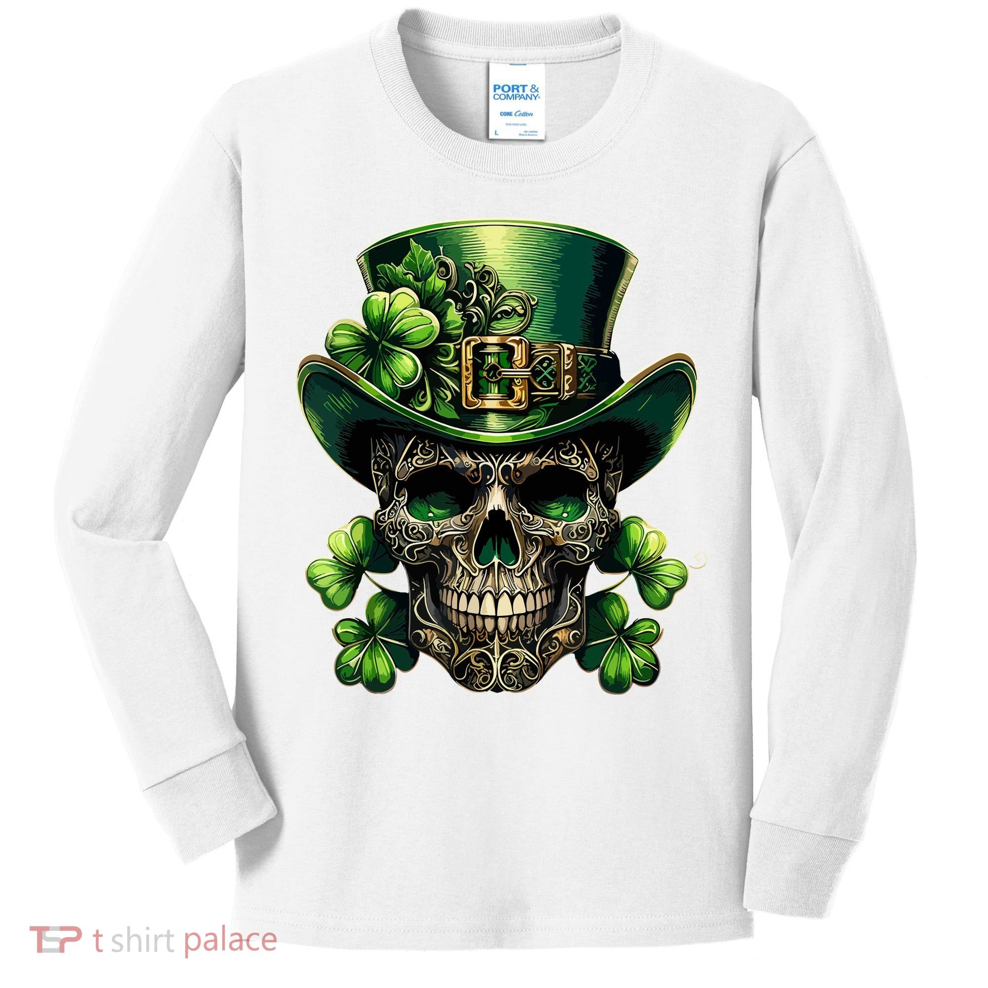 Sugar Skull St Patrick Day Of The Dead Lucky Shamrock Kids Long Sleeve Shirt