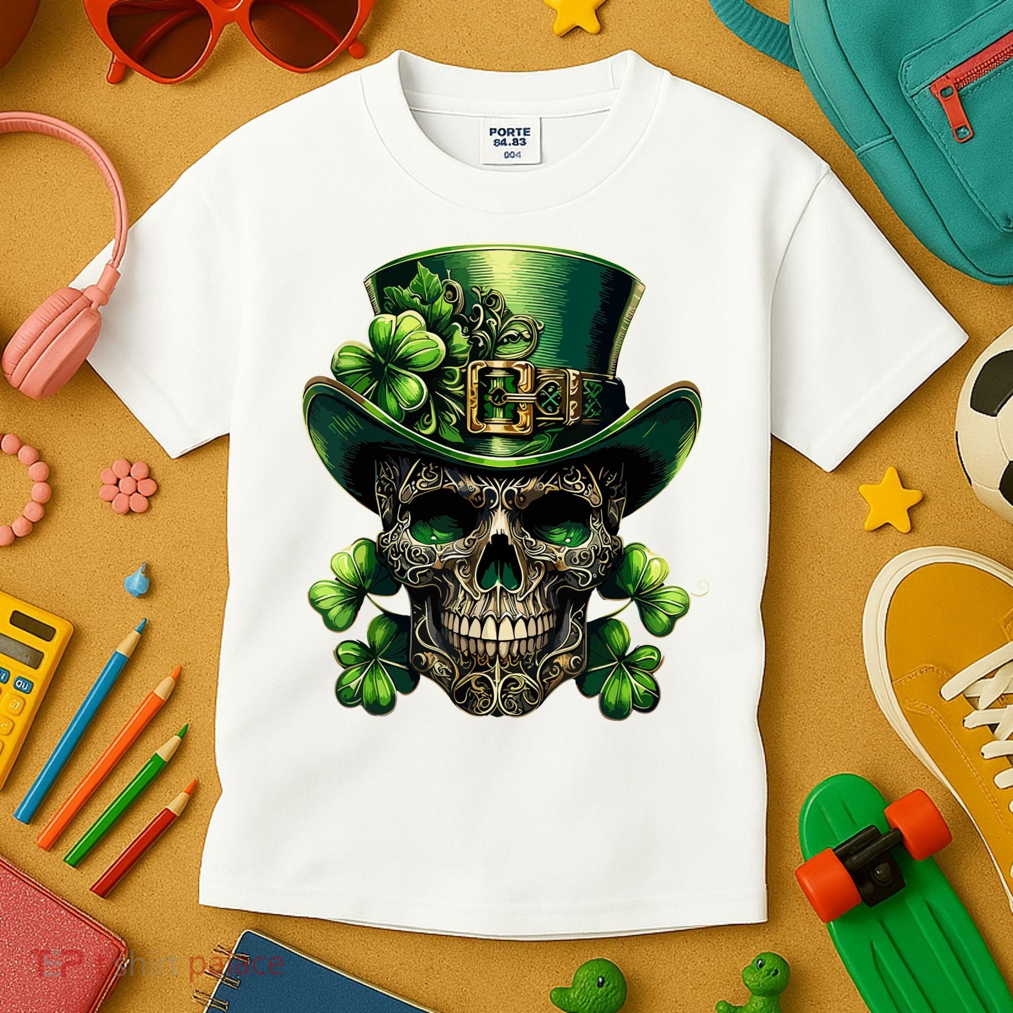 Sugar Skull St Patrick Day Of The Dead Lucky Shamrock Kids T-Shirt
