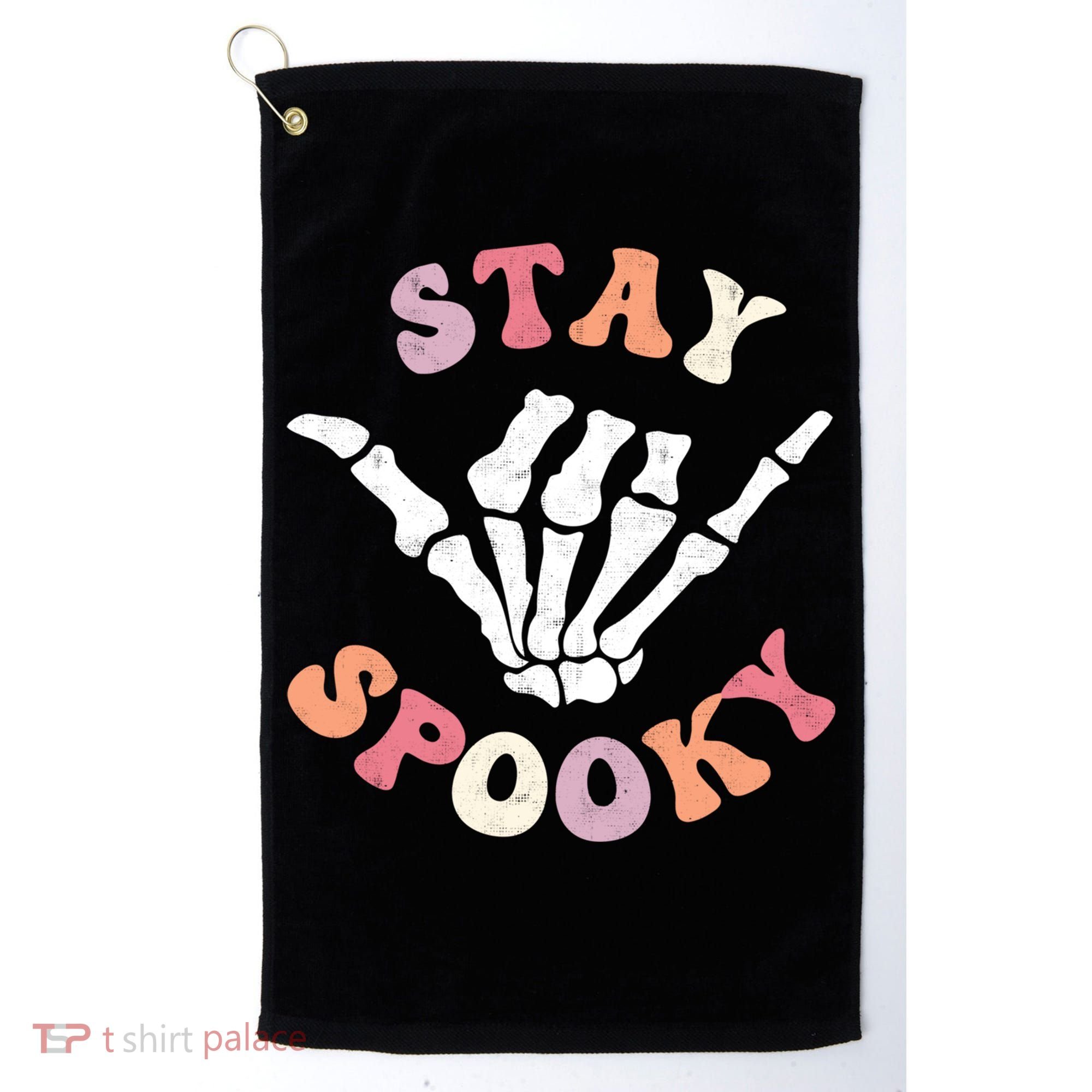 Stay Spooky Season Groovy Retro Halloween Skeleton Hand Great Gift Golf Towel