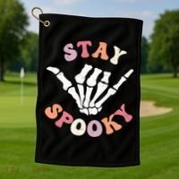 Stay Spooky Season Groovy Retro Halloween Skeleton Hand Great Gift Golf Towel thumb 1