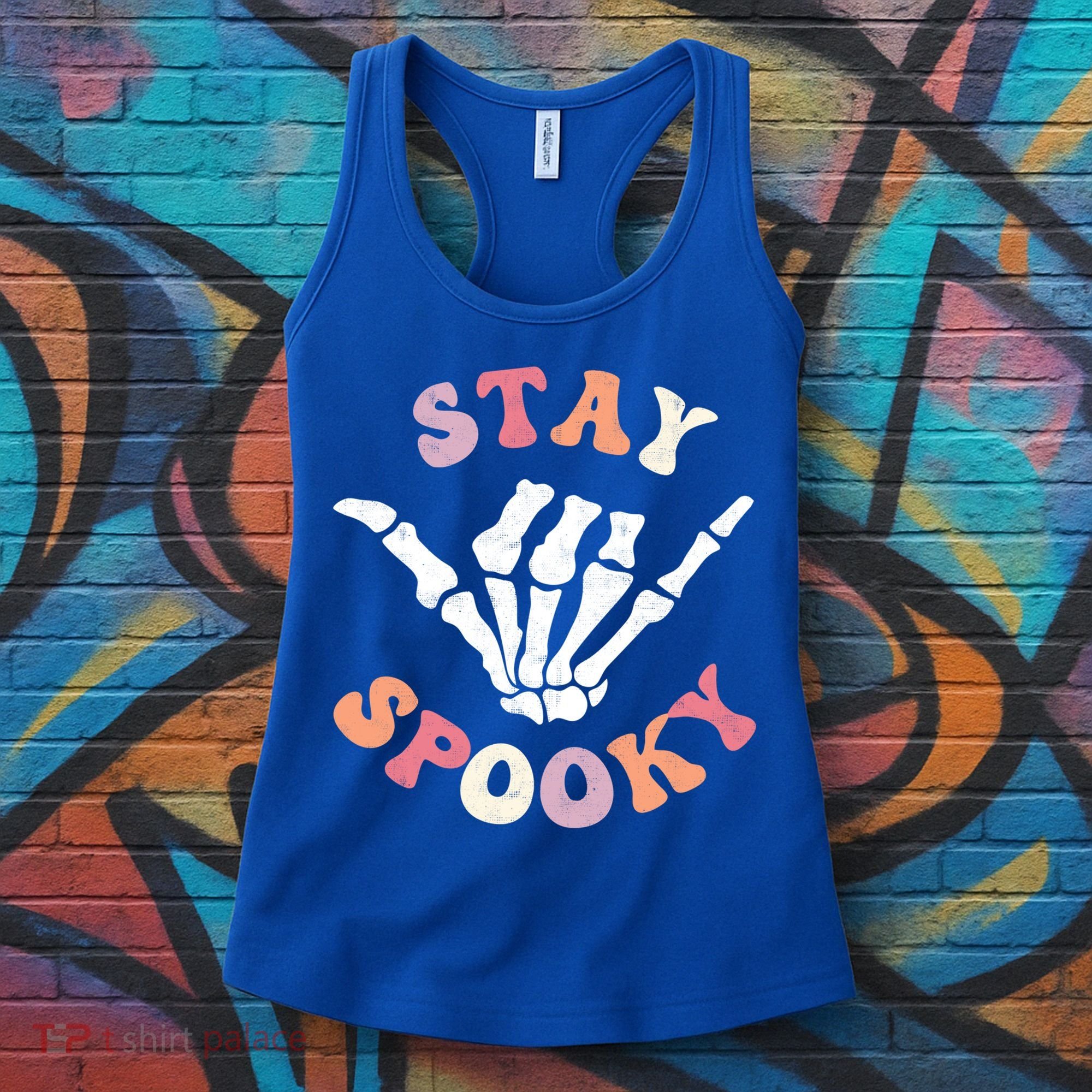 Stay Spooky Season Groovy Retro Halloween Skeleton Hand Great Gift Women's Tank Top