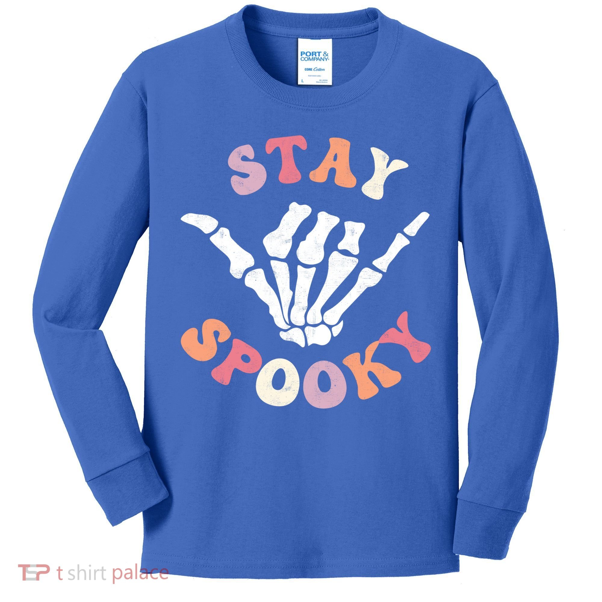 Stay Spooky Season Groovy Retro Halloween Skeleton Hand Great Gift Kids Long Sleeve Shirt
