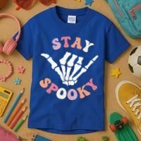 Stay Spooky Season Groovy Retro Halloween Skeleton Hand Great Gift Kids T-Shirt thumb 3