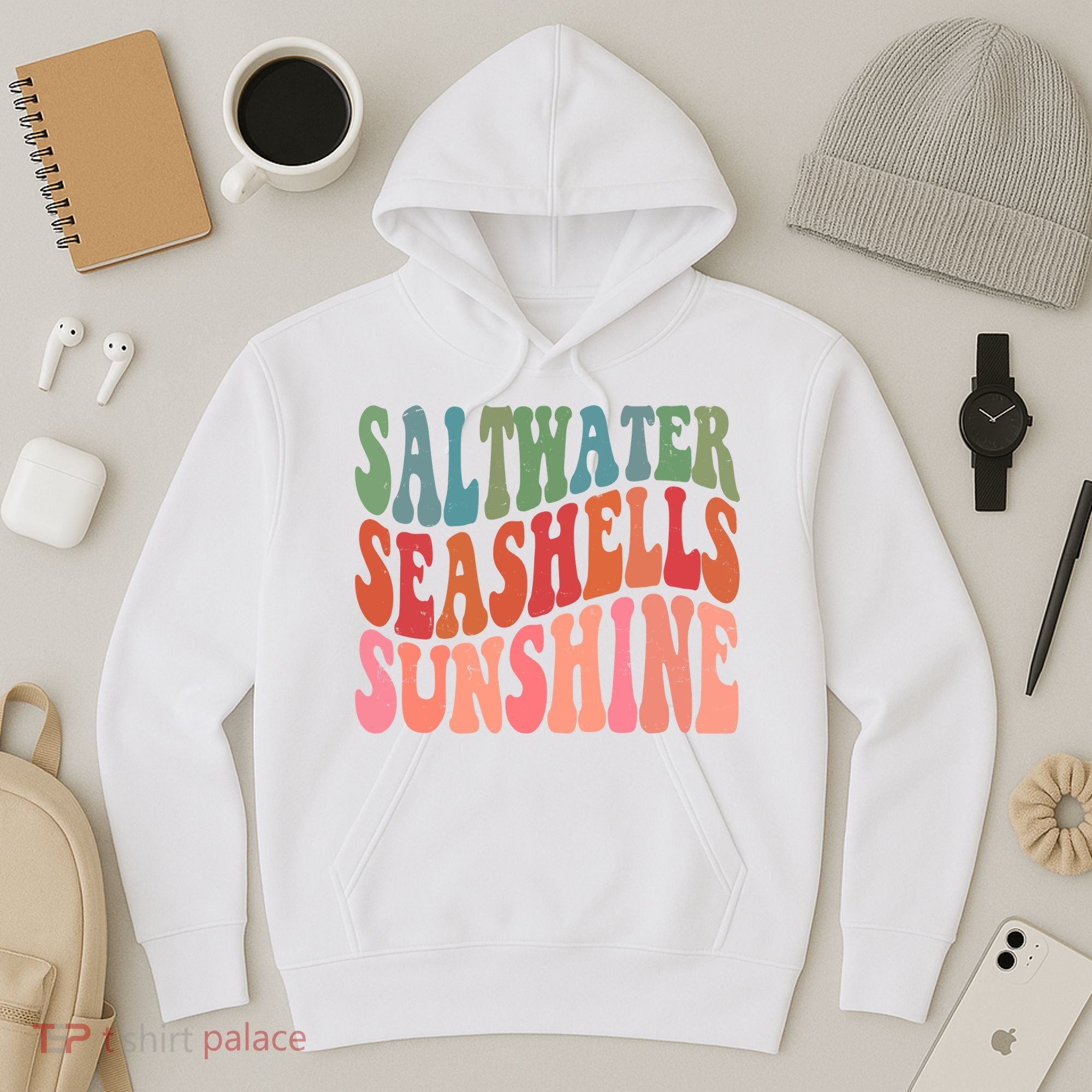 Saltwater Seashells Sunshine Retro Groovy Summer Hoodie