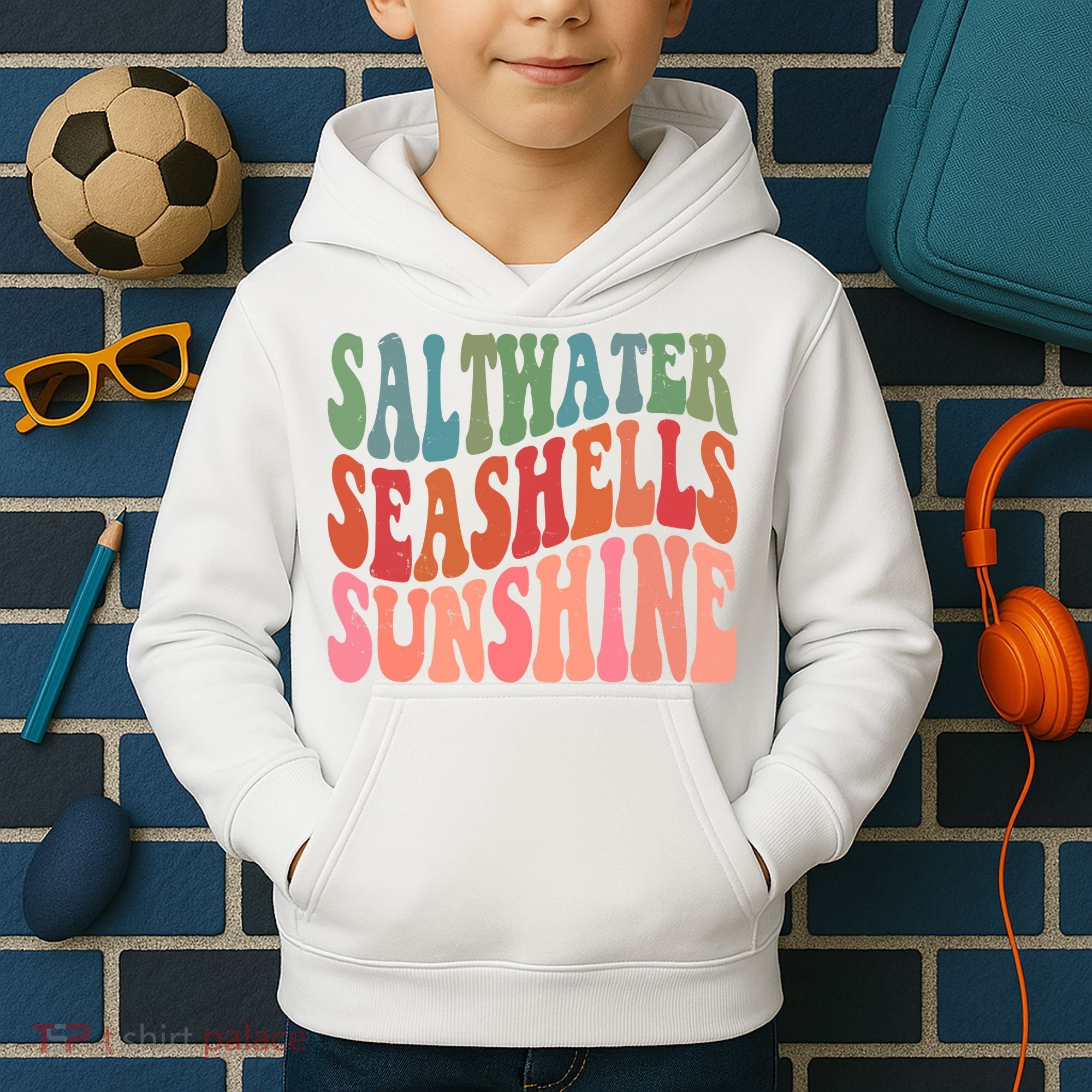 Saltwater Seashells Sunshine Retro Groovy Summer Kids Hoodie