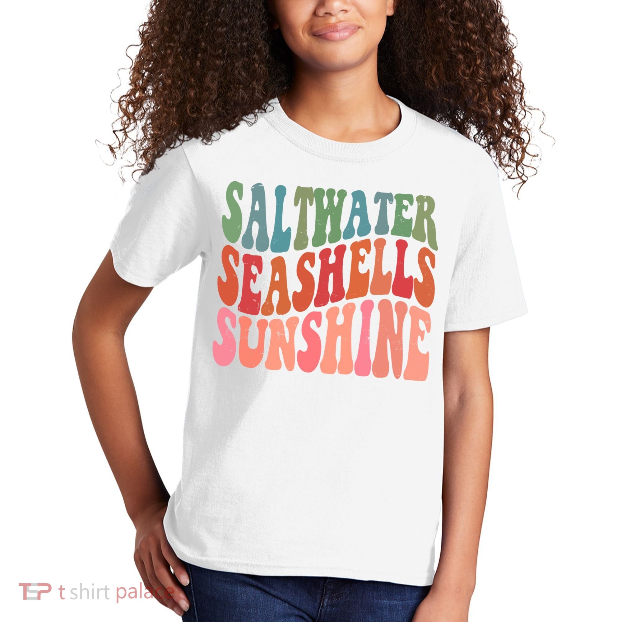 Saltwater Seashells Sunshine Retro Groovy Summer Kids T-Shirt