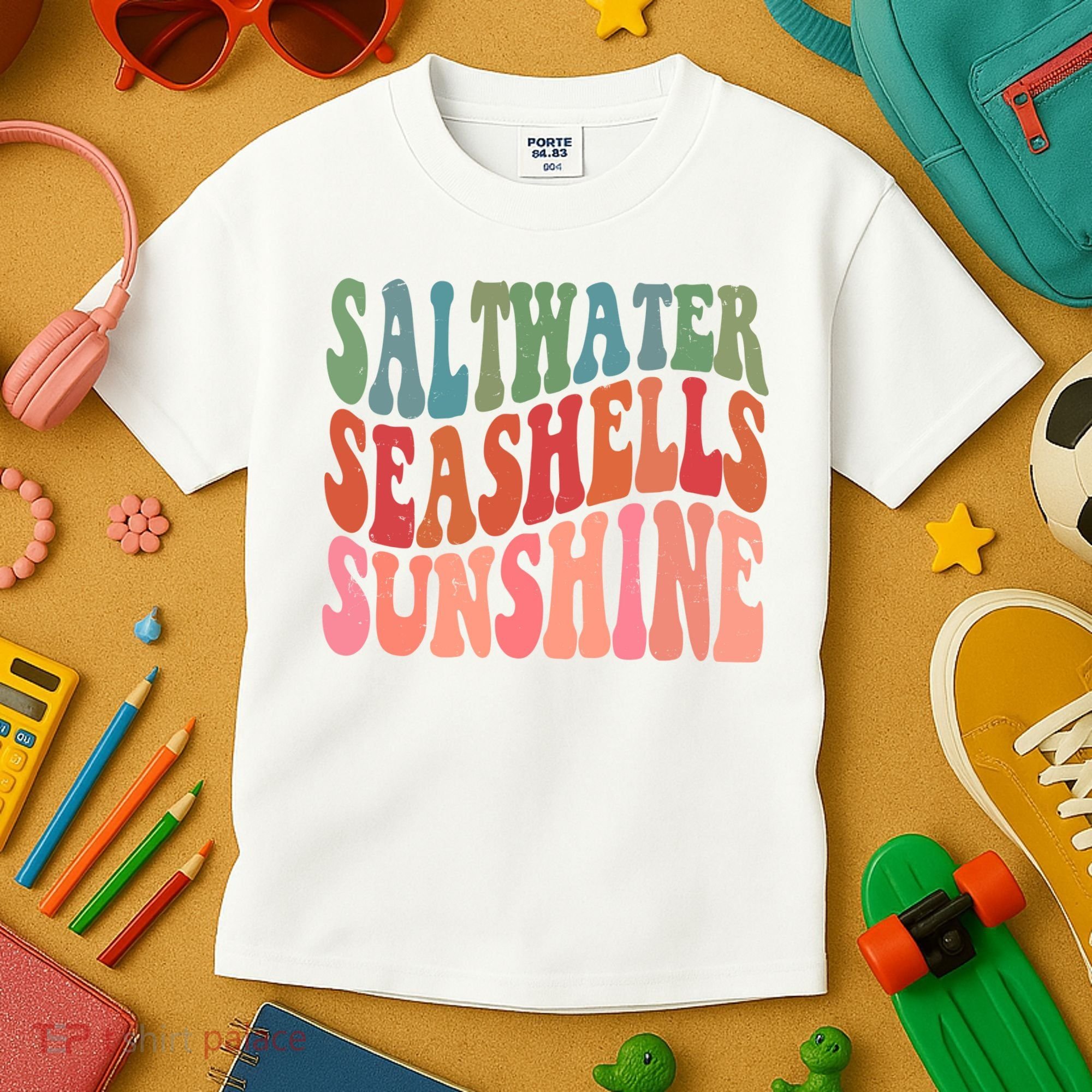 Saltwater Seashells Sunshine Retro Groovy Summer Kids T-Shirt