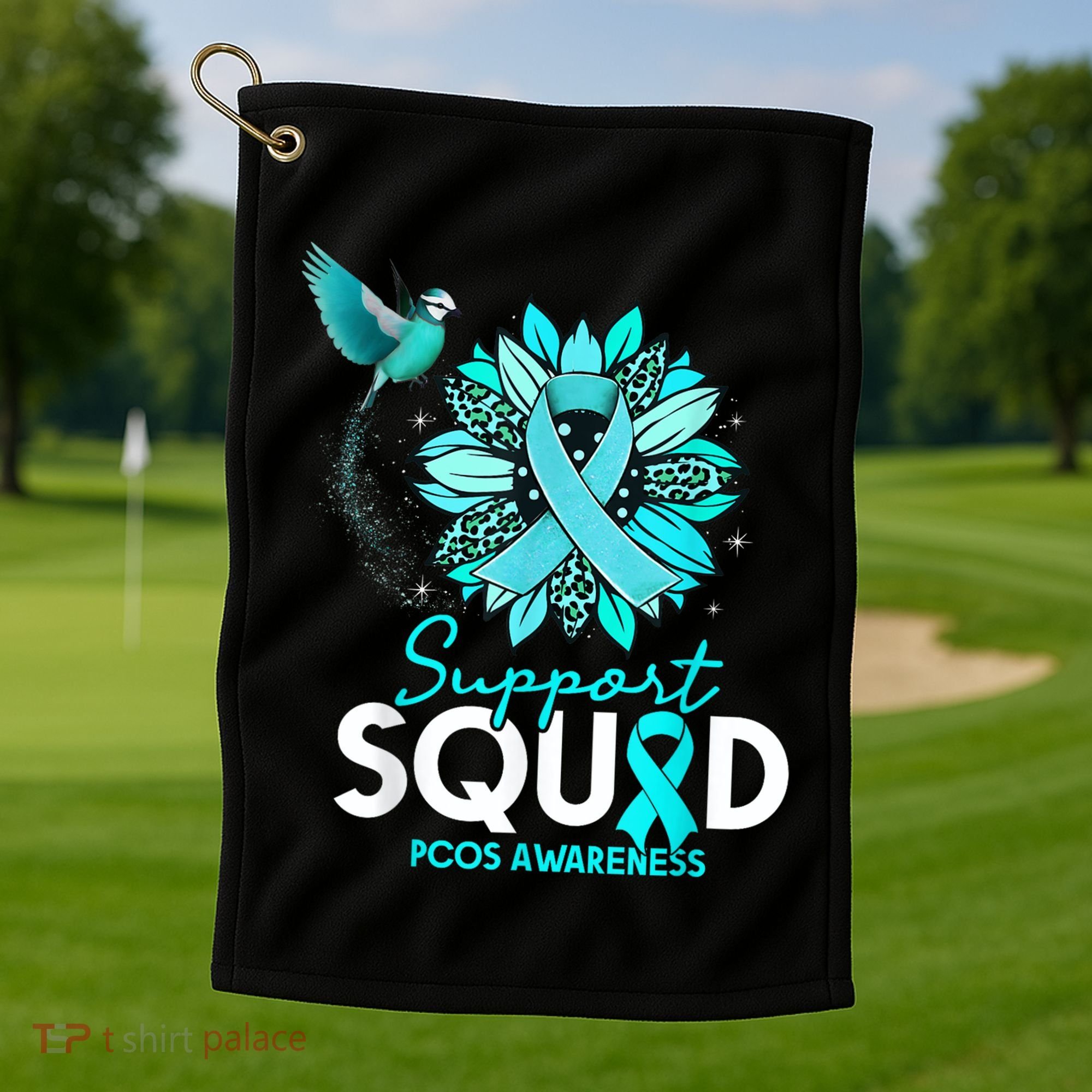 Support Squad Sunflower Hummingbird PCOS Awareness Golf Towel