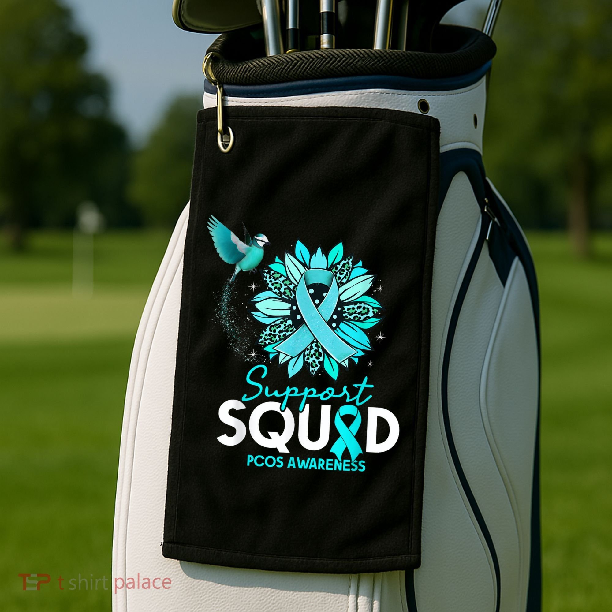 Support Squad Sunflower Hummingbird PCOS Awareness Golf Towel
