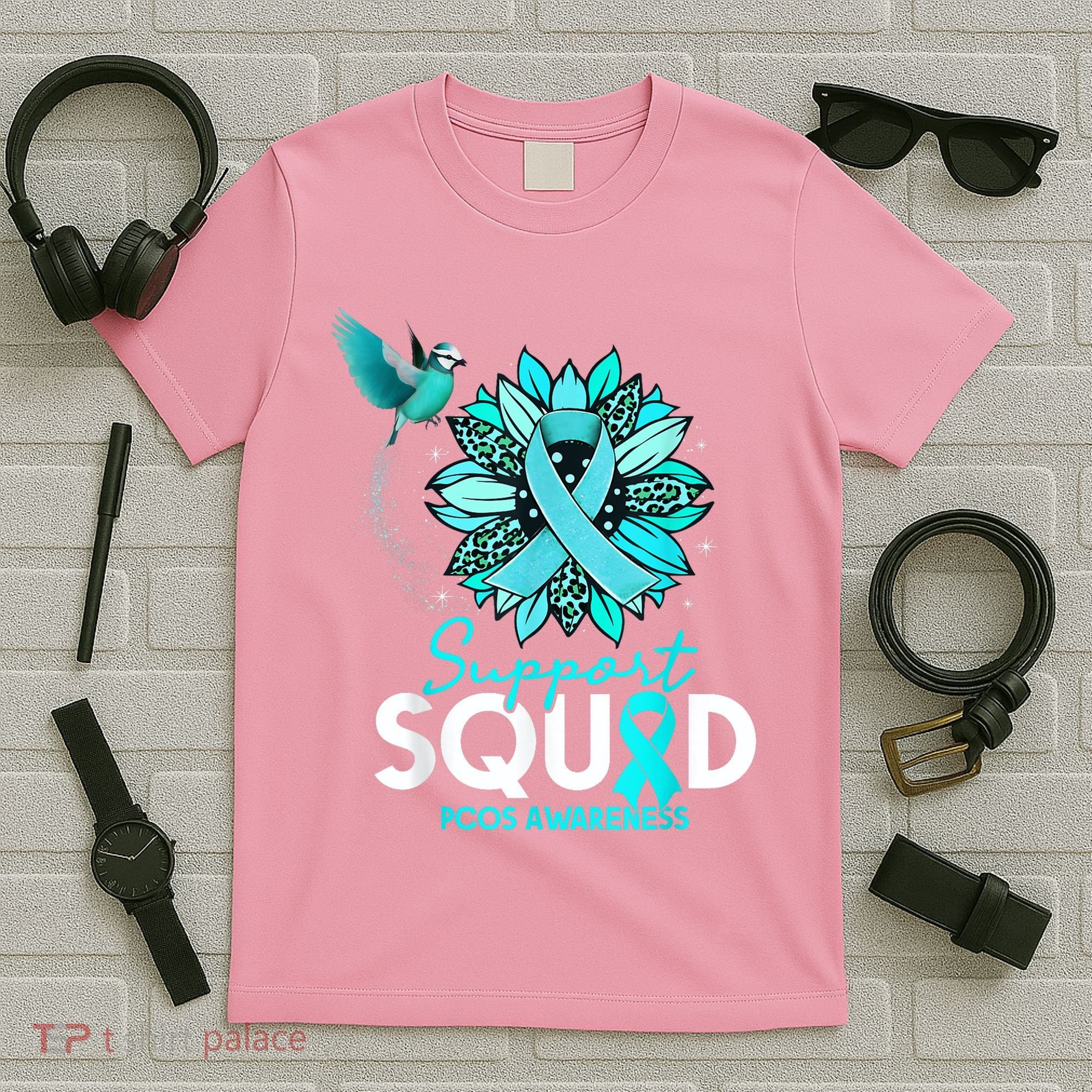 Support Squad Sunflower Hummingbird PCOS Awareness T-Shirt