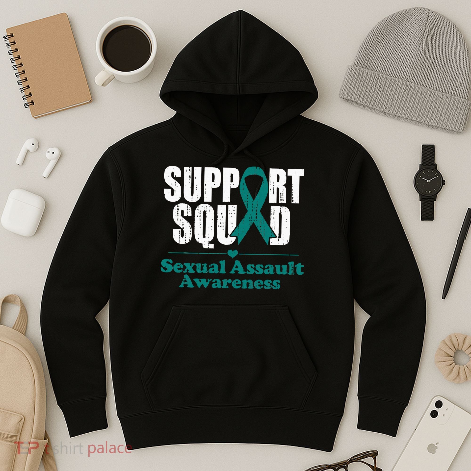 Support Squad Sexual Assault Awareness Month Teal Ribbon Hoodie