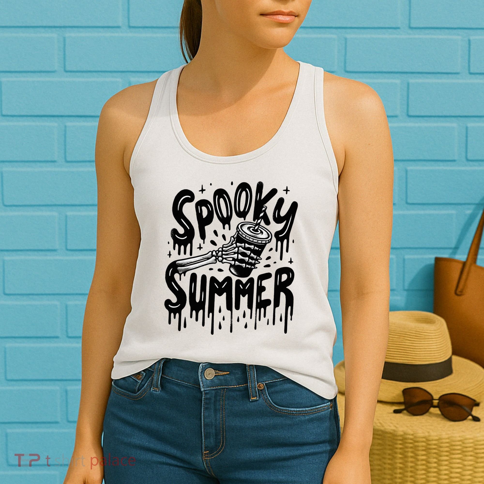Summerween Spooky Summer Skeleton With Iced Coffee Women's Tank Top