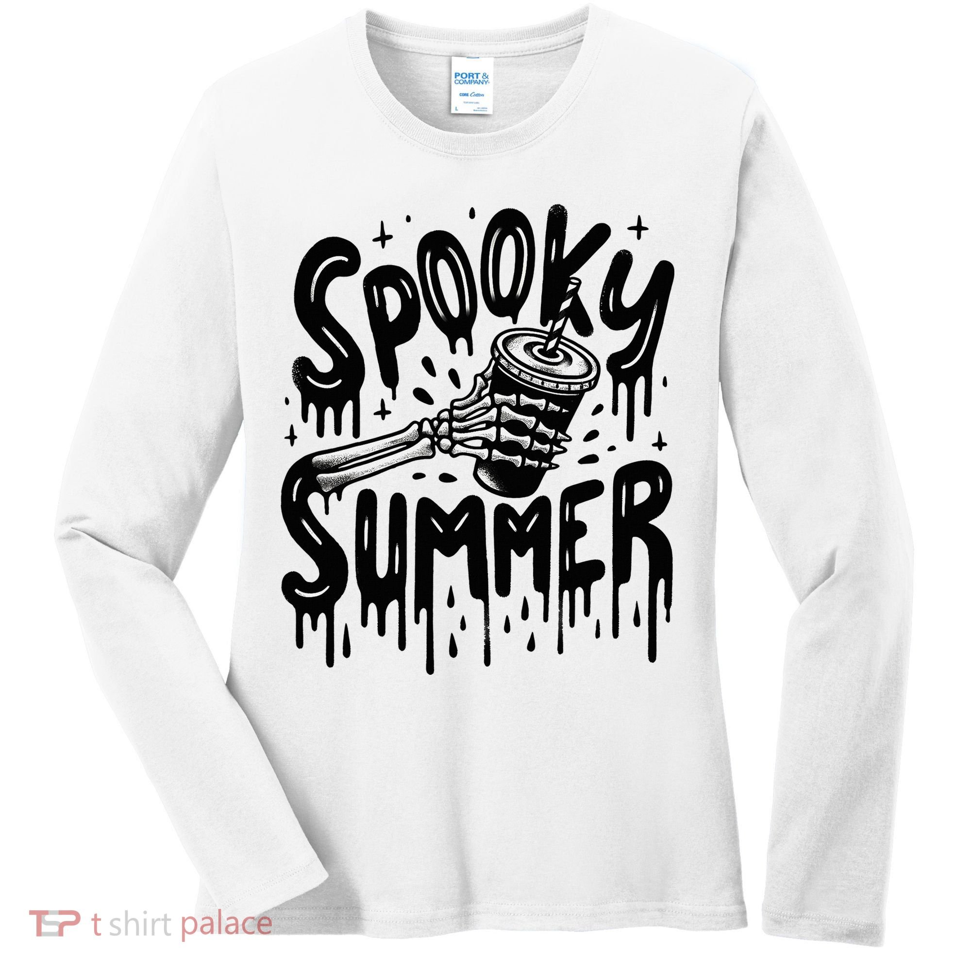 Summerween Spooky Summer Skeleton With Iced Coffee Women's Long Sleeve Shirt