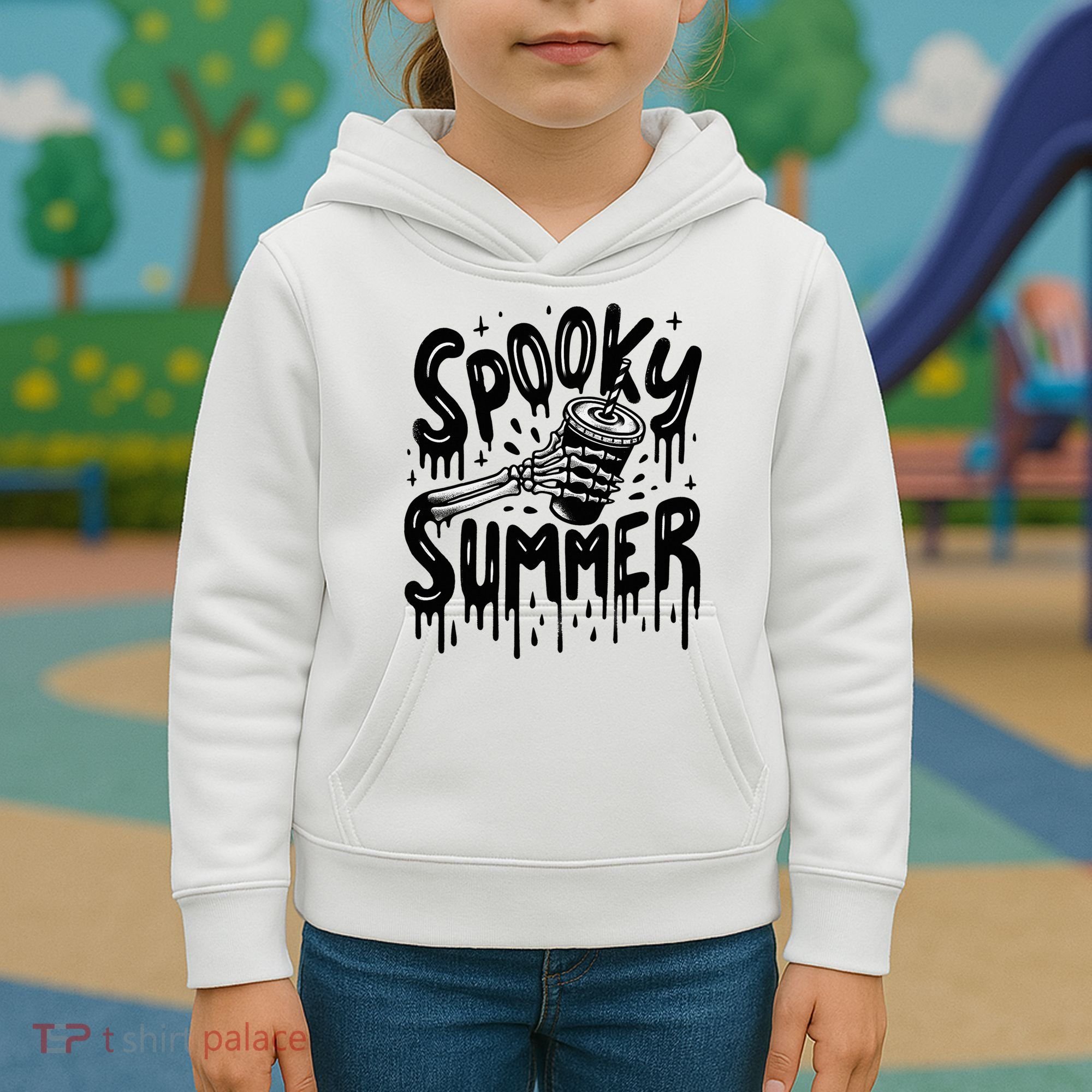 Summerween Spooky Summer Skeleton With Iced Coffee Kids Hoodie
