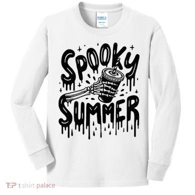 Summerween Spooky Summer Skeleton With Iced Coffee Kids Long Sleeve Shirt