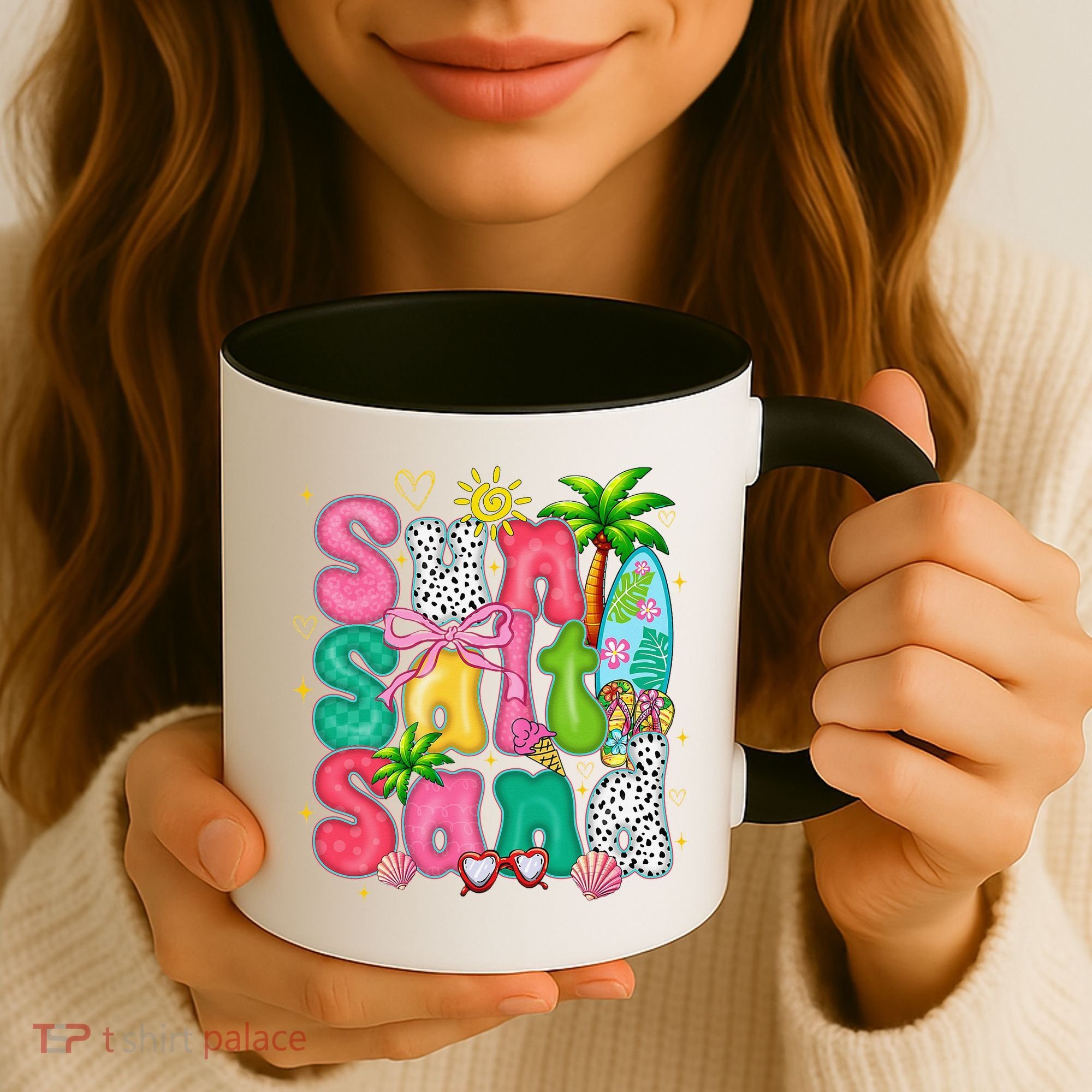 Sun Salt Sand Coquette Bow Palm Summer Vibes Beach Trip Coffee Mug