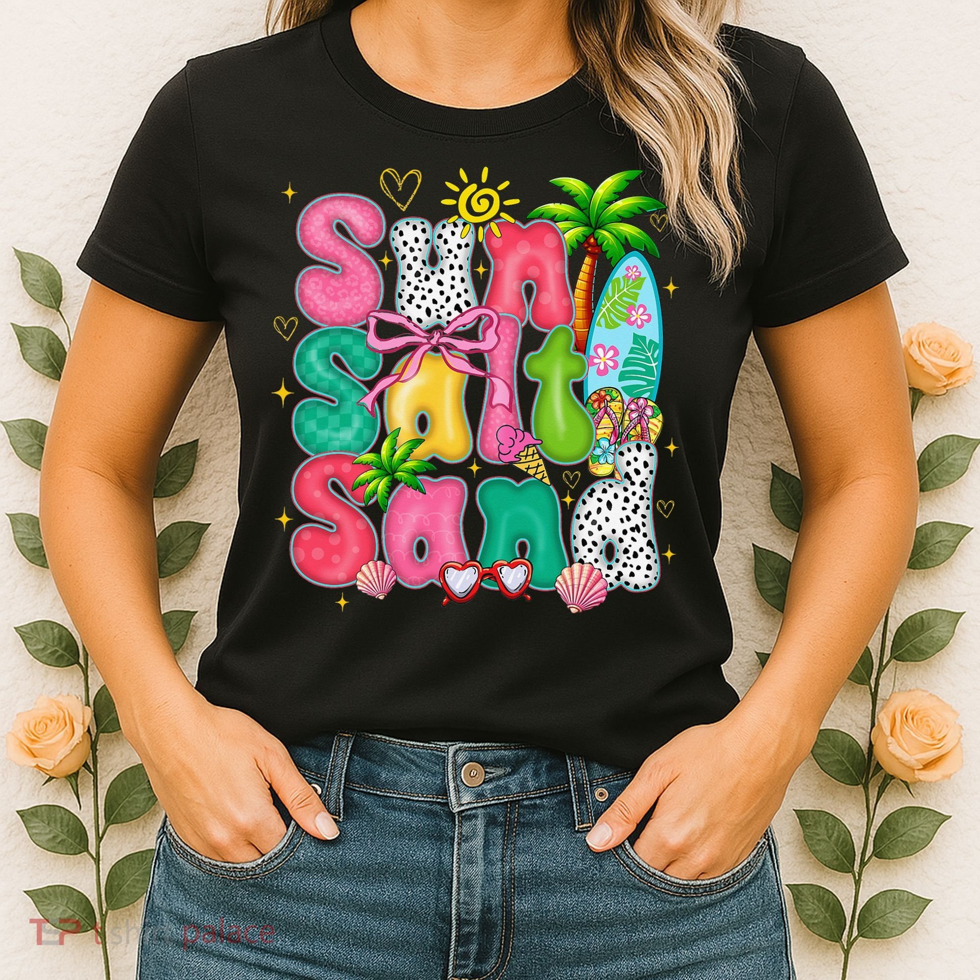 Sun Salt Sand Coquette Bow Palm Summer Vibes Beach Trip Women's T-Shirt