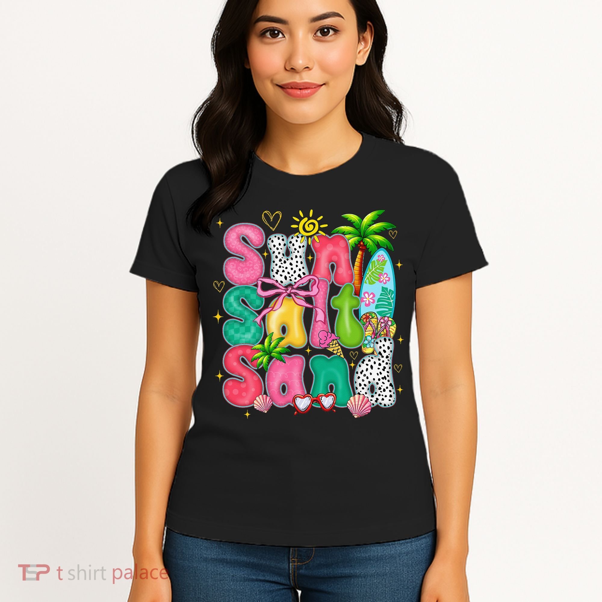 Sun Salt Sand Coquette Bow Palm Summer Vibes Beach Trip Women's T-Shirt