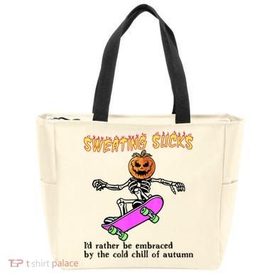 Sweating Sucks Skeleton Pumpkin Skateboard Tote Bag