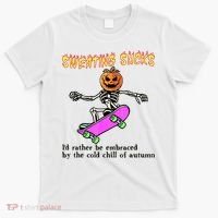 Sweating Sucks Skeleton Pumpkin Skateboard T-Shirt thumb 0