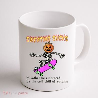 Sweating Sucks Skeleton Pumpkin Skateboard Coffee Mug back
