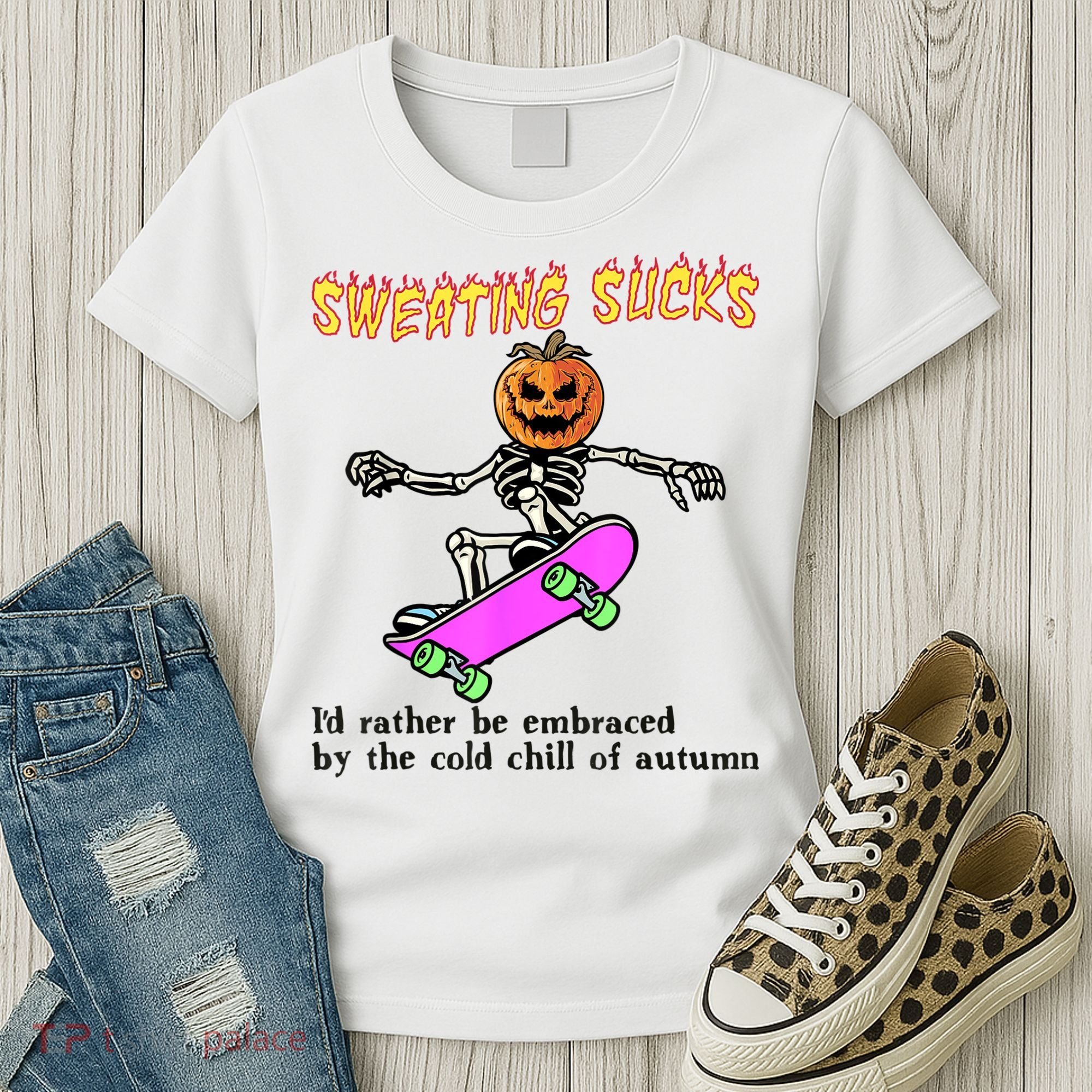 Sweating Sucks Skeleton Pumpkin Skateboard Women's T-Shirt