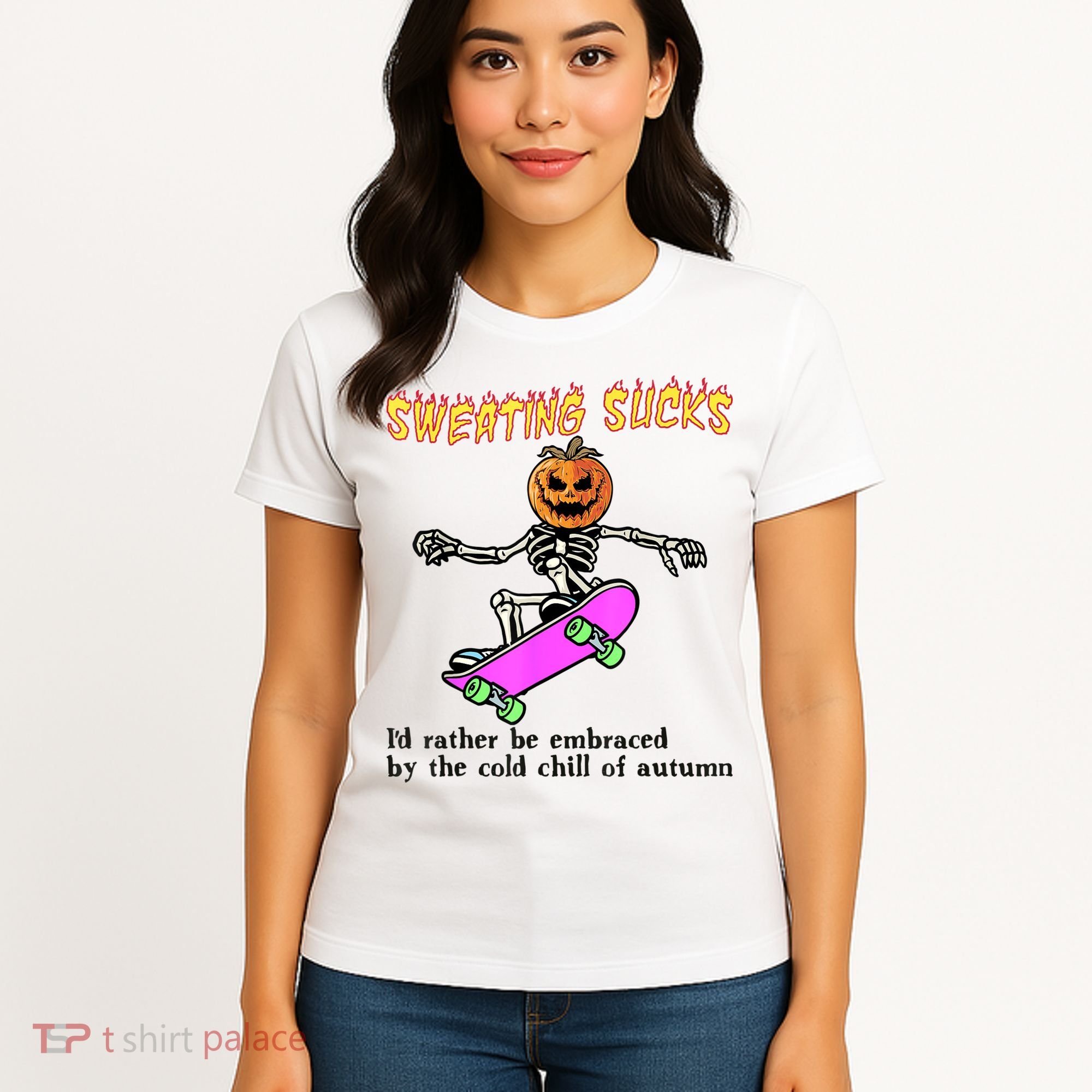 Sweating Sucks Skeleton Pumpkin Skateboard Women's T-Shirt