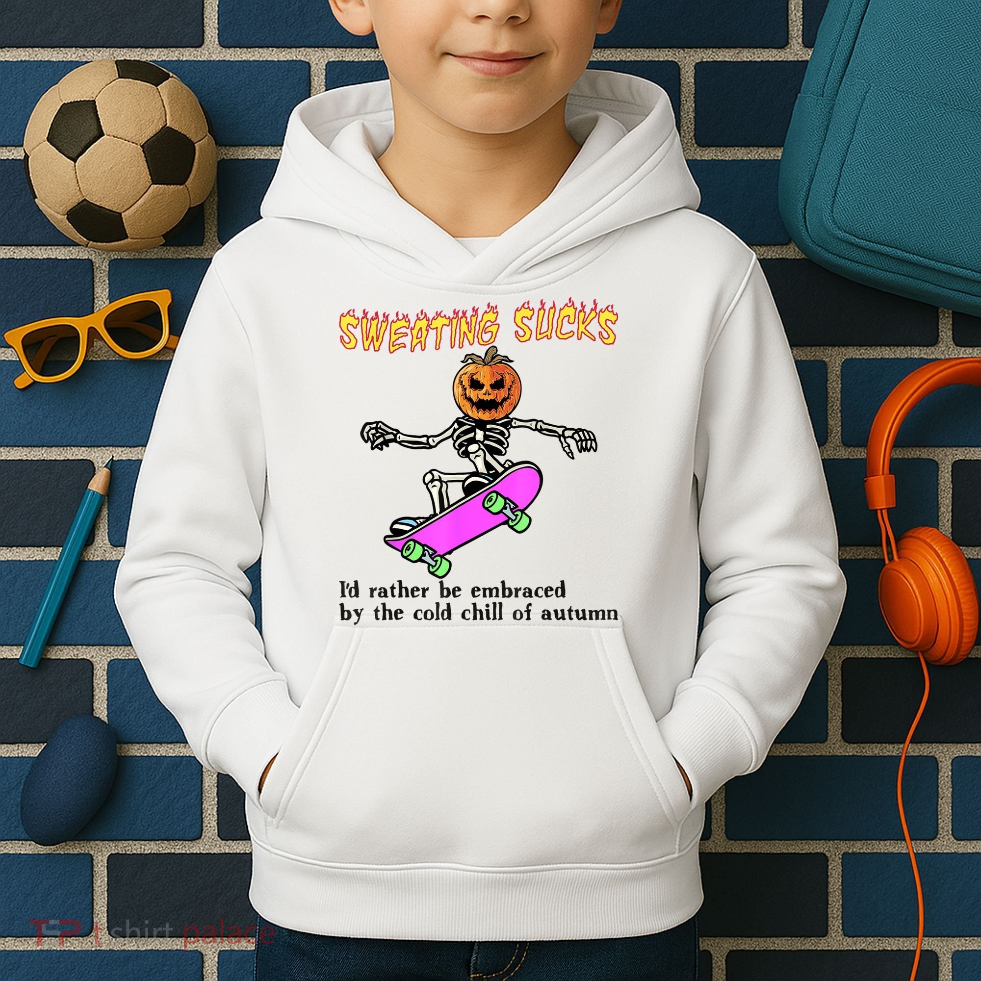 Sweating Sucks Skeleton Pumpkin Skateboard Kids Hoodie