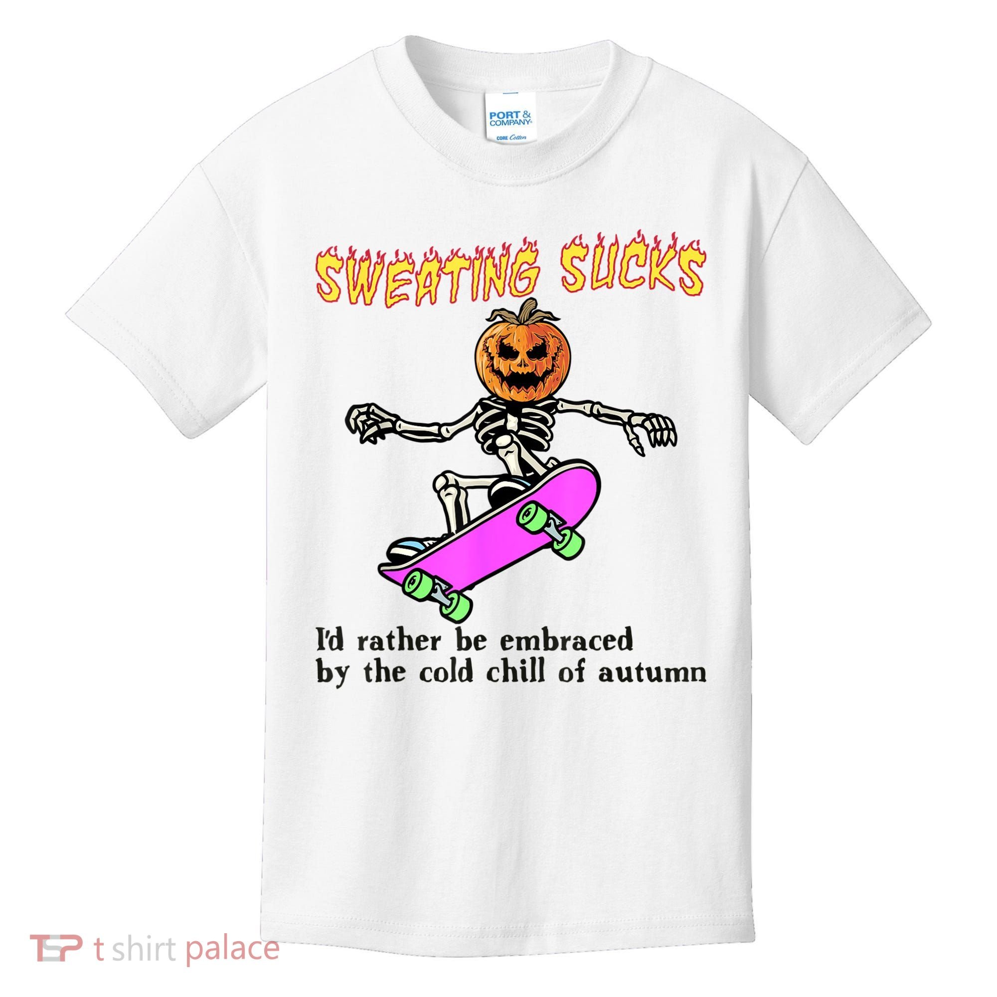 Sweating Sucks Skeleton Pumpkin Skateboard Kids T-Shirt