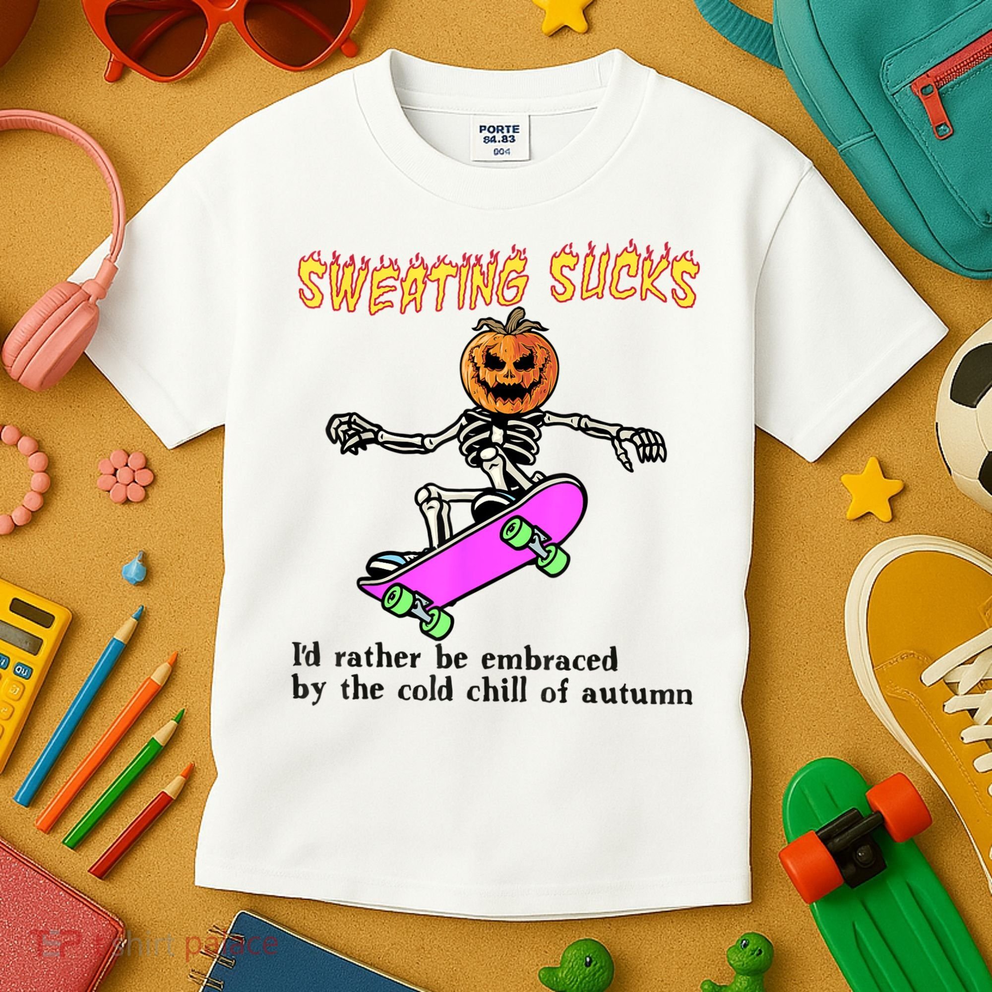 Sweating Sucks Skeleton Pumpkin Skateboard Kids T-Shirt