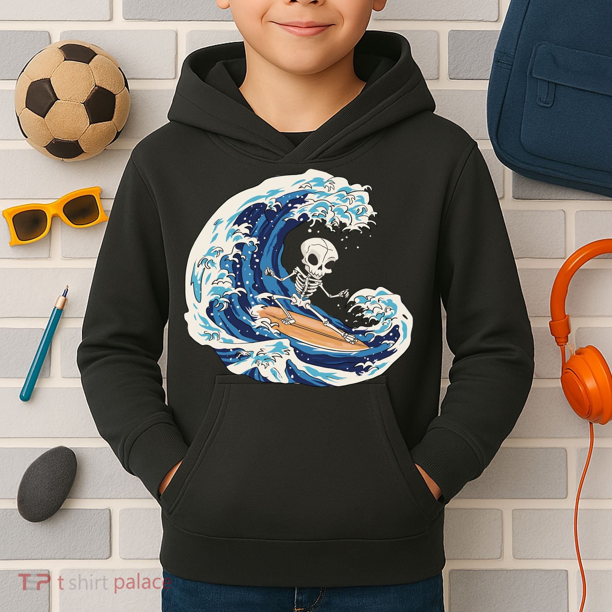 Skeleton Surfing Summer Surfer Kids Hoodie