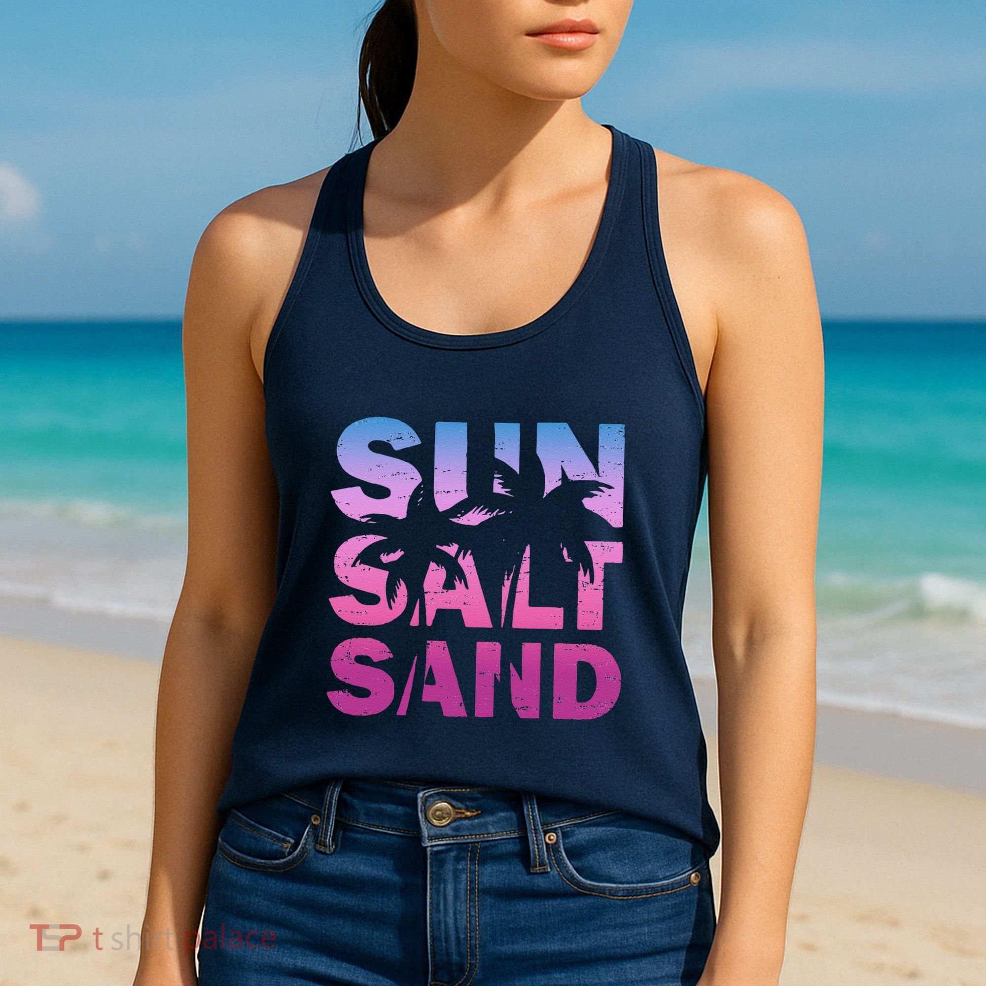 Sun Salt Sand Funny Palm Sun Retro Beach Summer Women's Tank Top